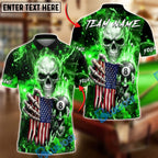 BlueJose Billiards Skull American Flag 8 Ball Dark Lightning Personalized Name Shirt (6 Colors)