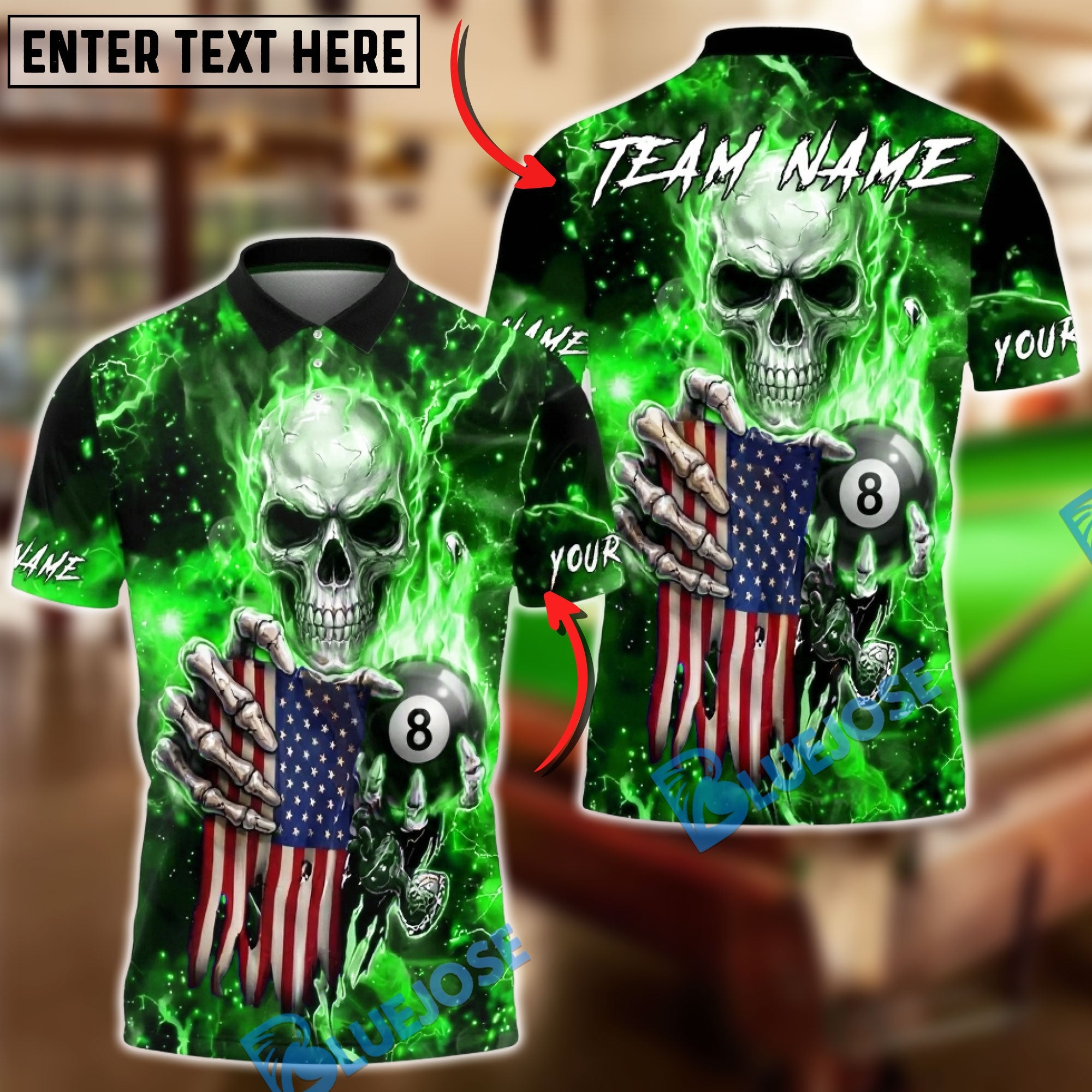 BlueJose Billiards Skull American Flag 8 Ball Dark Lightning Personalized Name Shirt (6 Colors)