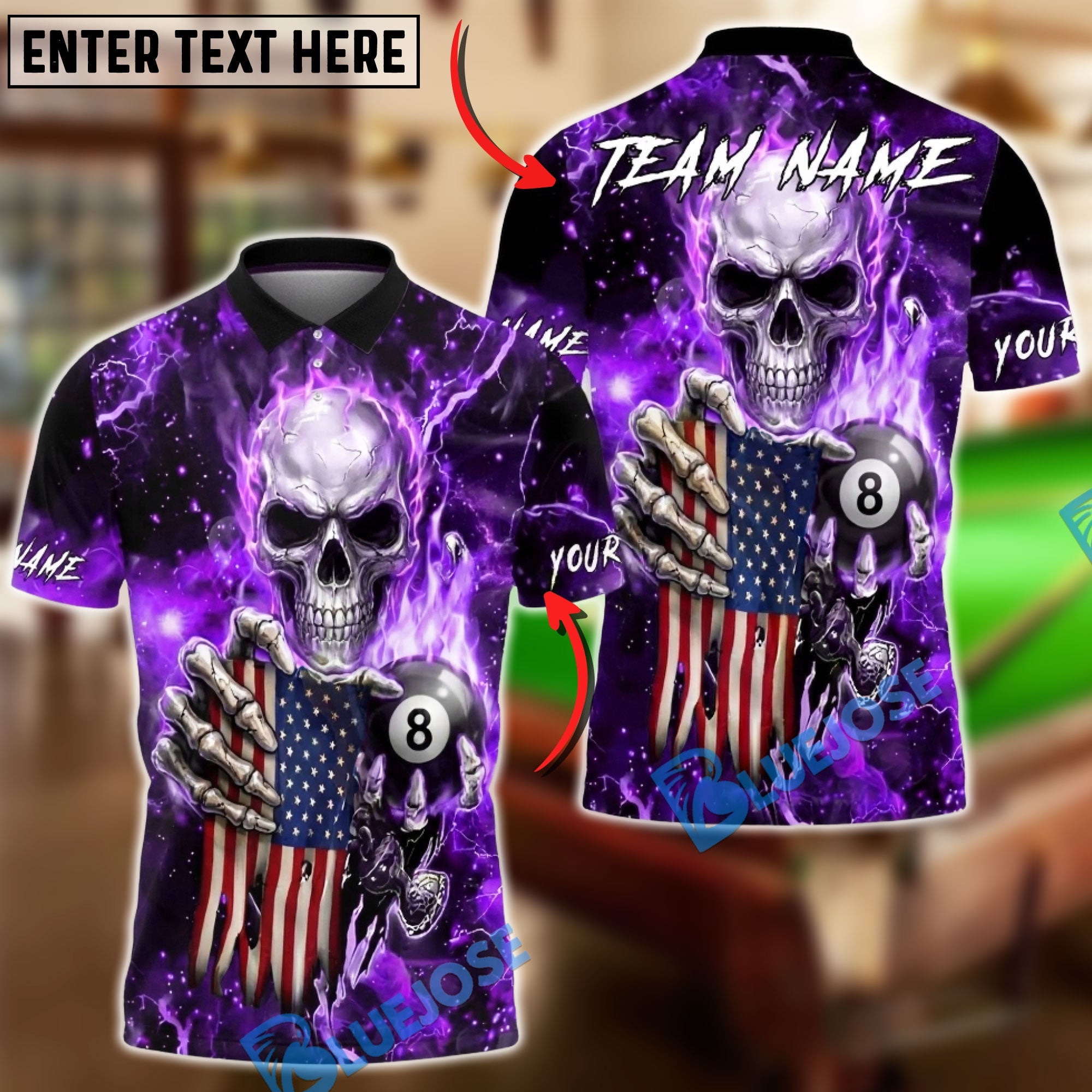 BlueJose Billiards Skull American Flag 8 Ball Dark Lightning Personalized Name Shirt (6 Colors)