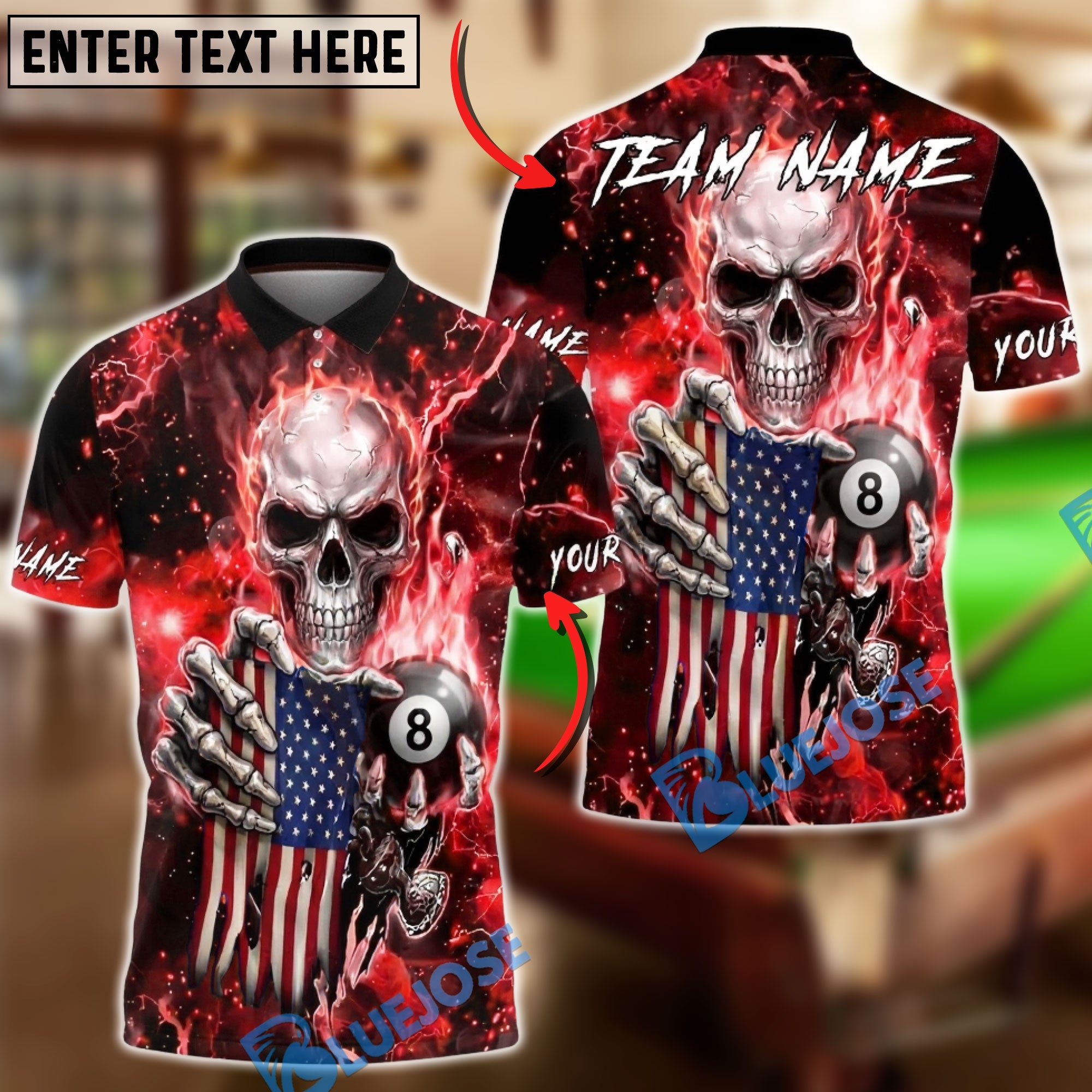BlueJose Billiards Skull American Flag 8 Ball Dark Lightning Personalized Name Shirt (6 Colors)