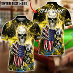 BlueJose Billiards Skull American Flag 8 Ball Dark Lightning Personalized Name Shirt (6 Colors)
