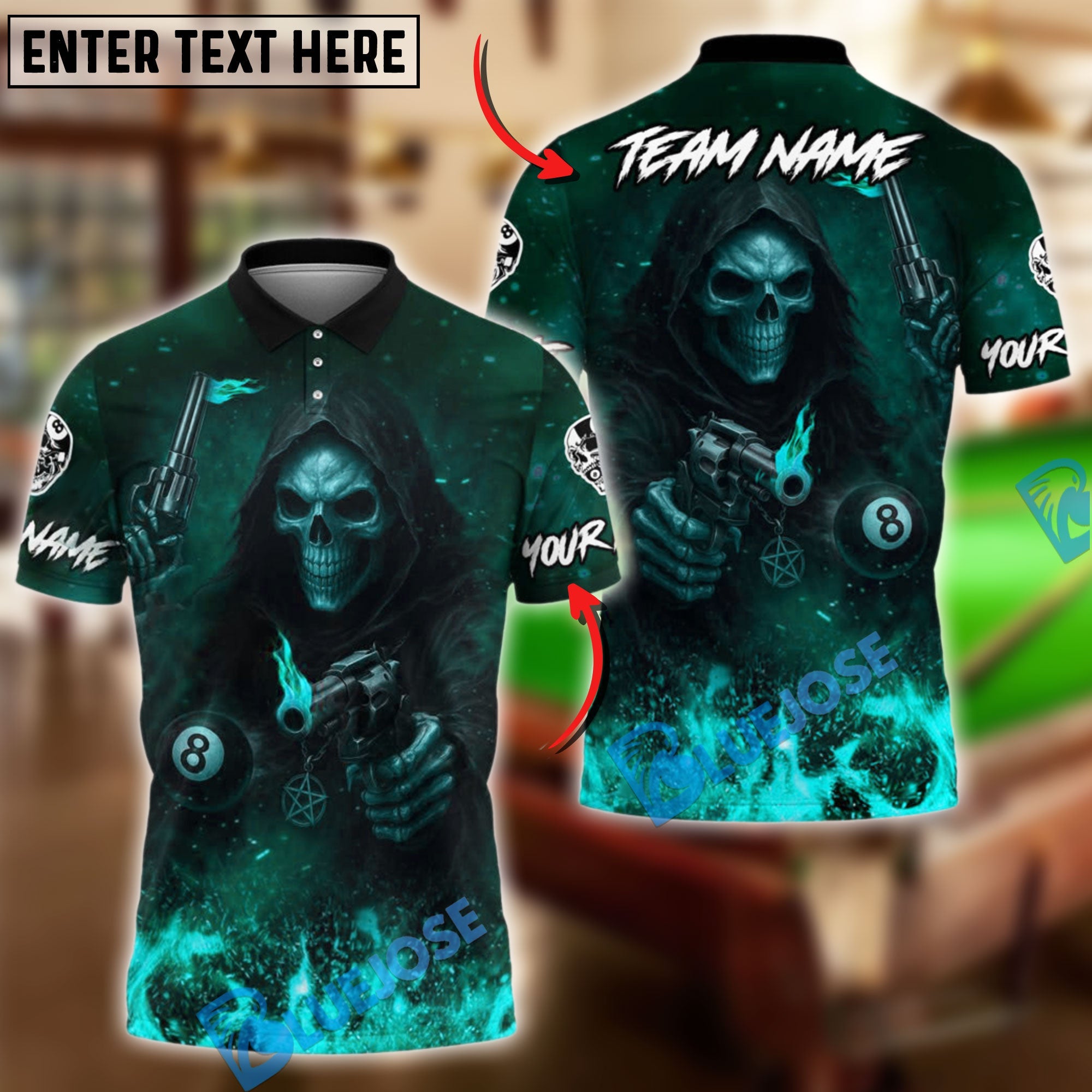 BlueJose Billiards Ball 8 Grim Reaper Flaming Skull & Gun Personalized Name Shirt (4 Colors)
