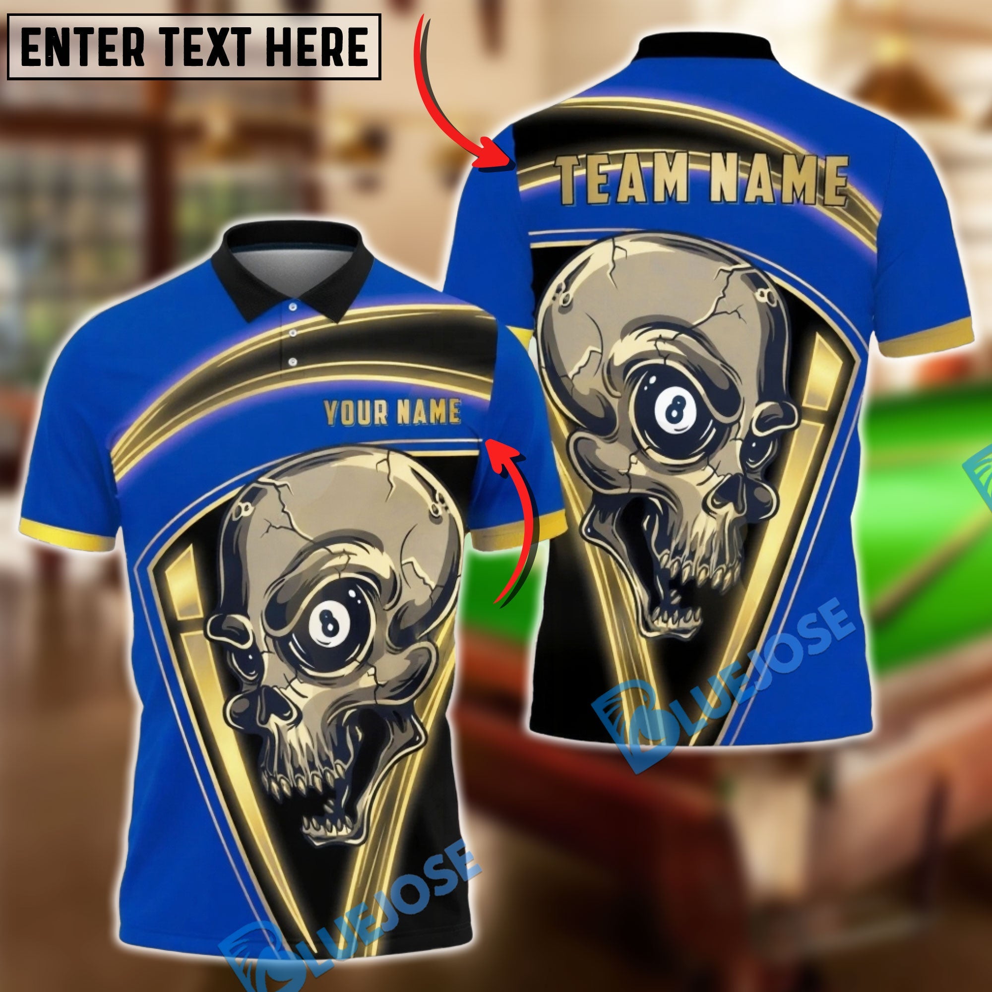 BlueJose Billiards 8 Ball  Skull Gold Frame Horror Graphic Personalized Name Shirt (6 Colors)