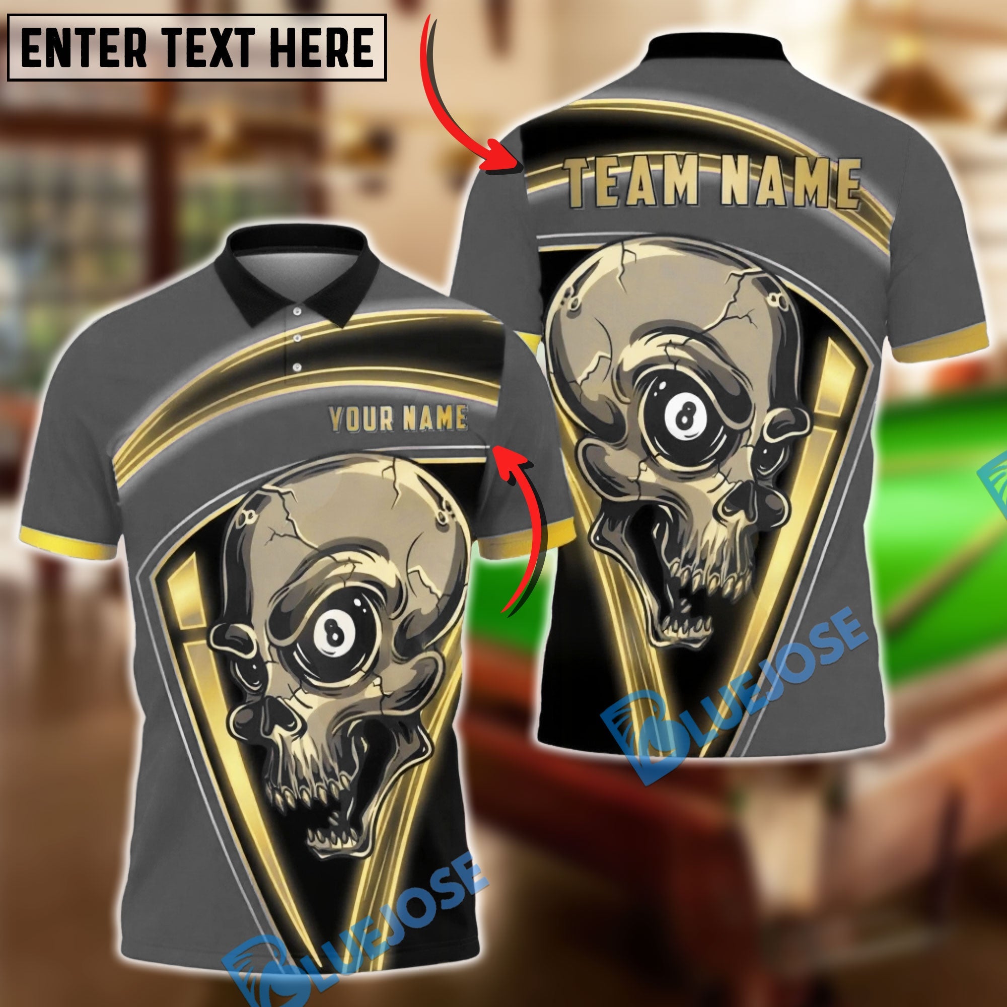 BlueJose Billiards 8 Ball  Skull Gold Frame Horror Graphic Personalized Name Shirt (6 Colors)
