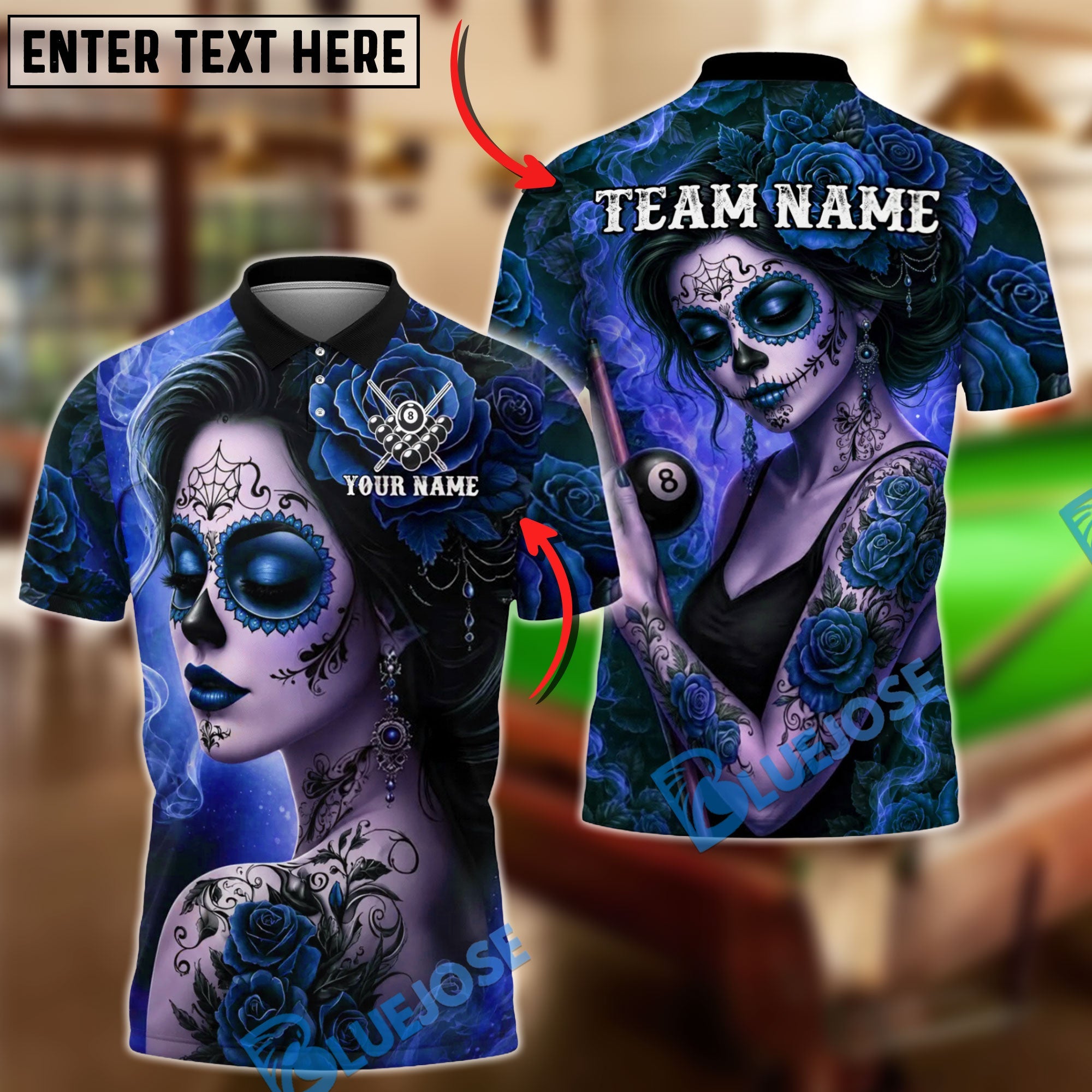 BlueJose Billiards Ball 8 Sugar Skull Girl Rose Tattoo Gothic Art Personalized Name Shirt (4 Colors)