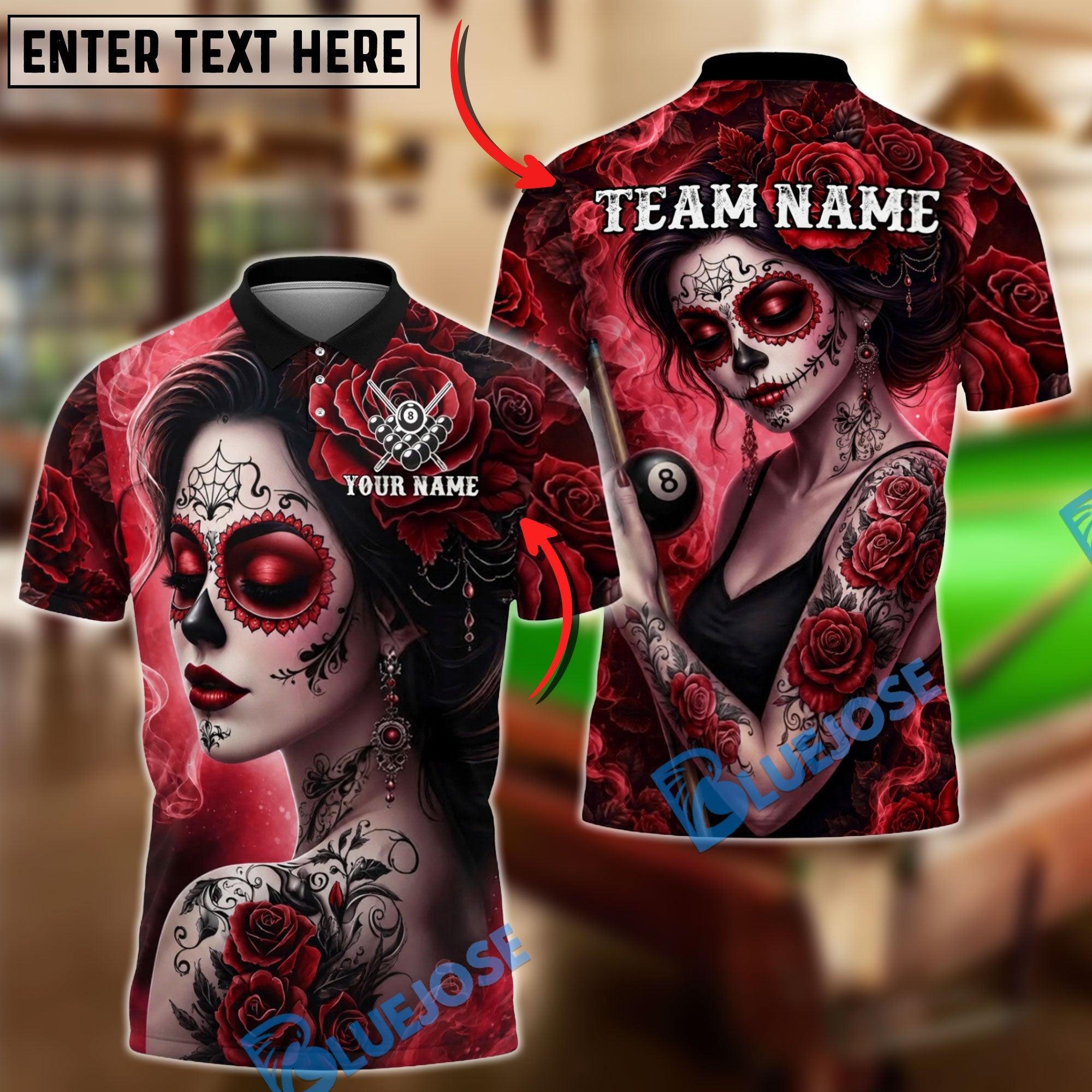 BlueJose Billiards Ball 8 Sugar Skull Girl Rose Tattoo Gothic Art Personalized Name Shirt (4 Colors)