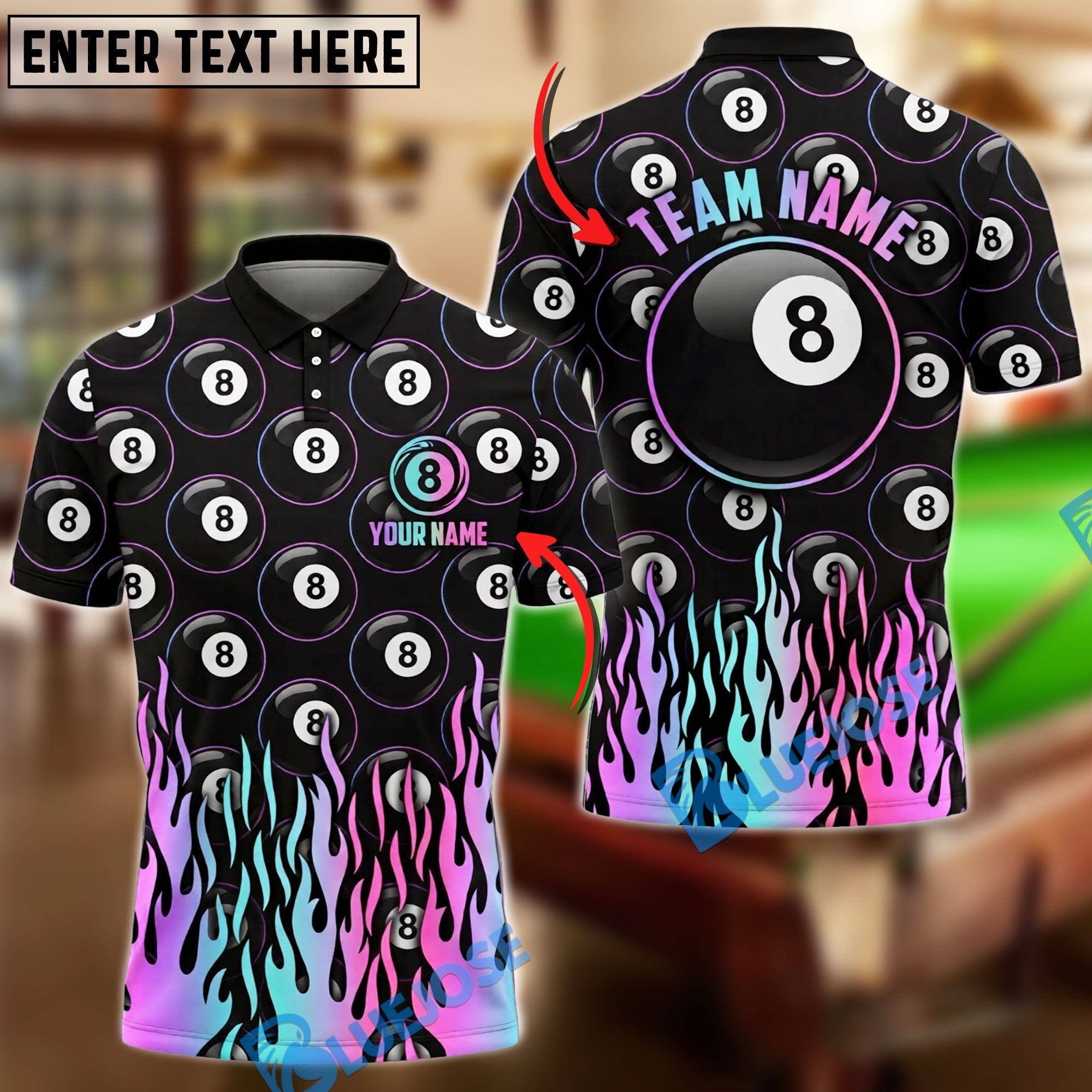 BlueJose Billiards Ball 8 Neon Flames Gradient Personalized Shirt