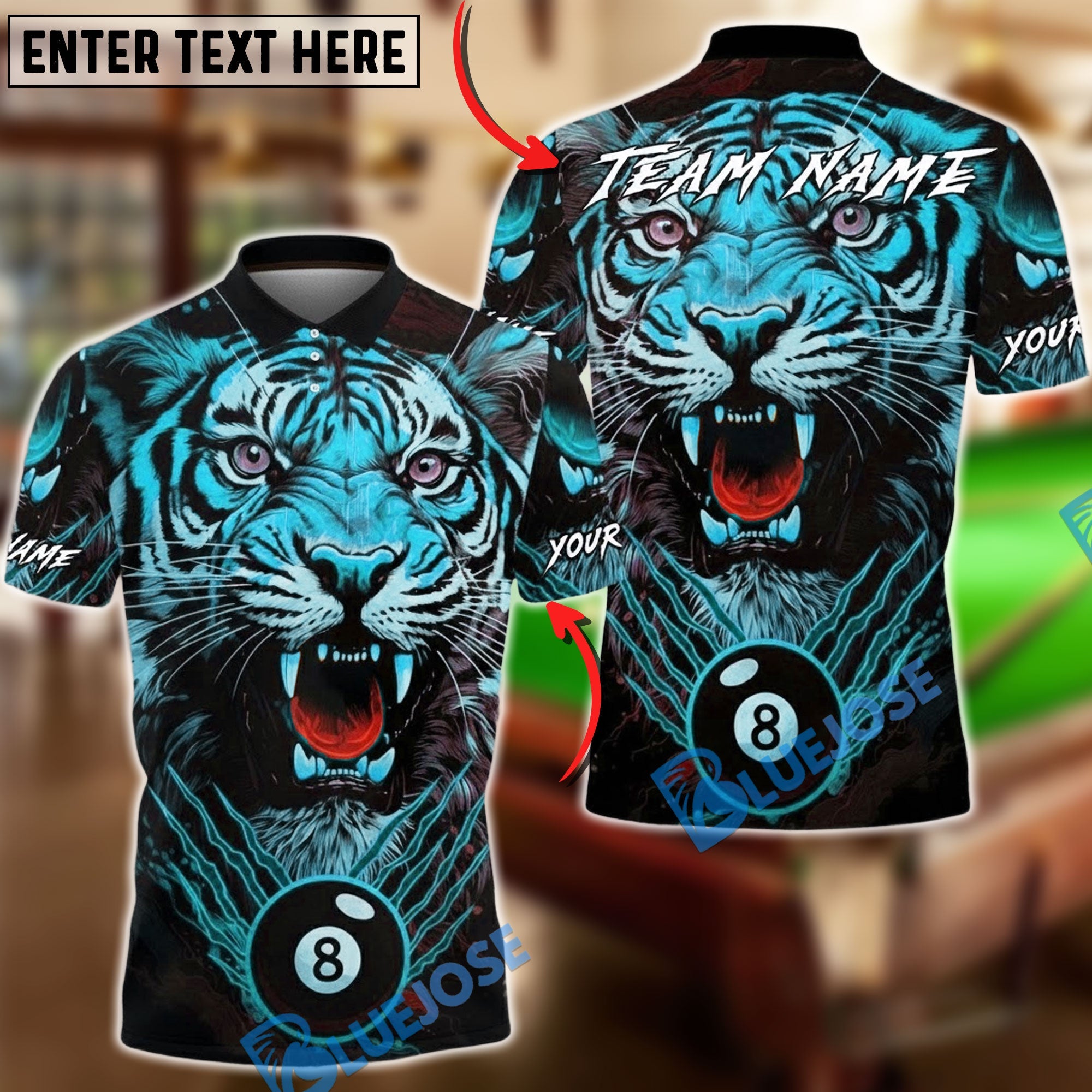 BlueJose Billiards 8 Ball Tiger Fierce Design Personalized Name, Team Name Unisex Shirt (4 Colors)