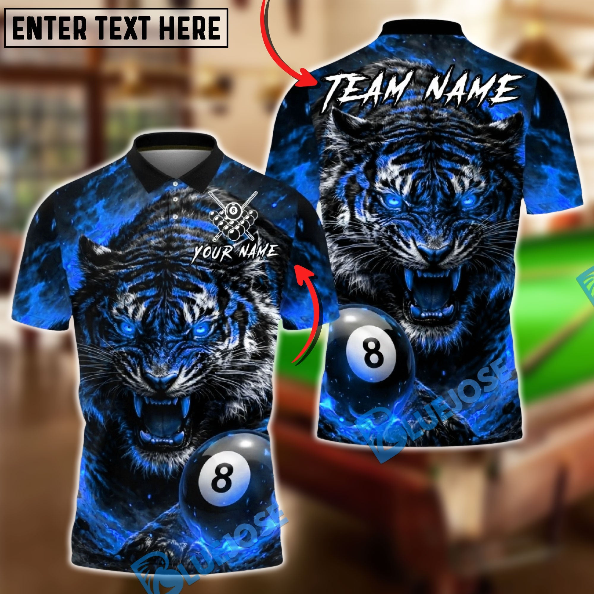 BlueJose Billiards 8 Angry Tiger Fire Energy Personalized Name Shirt (4 Colors)