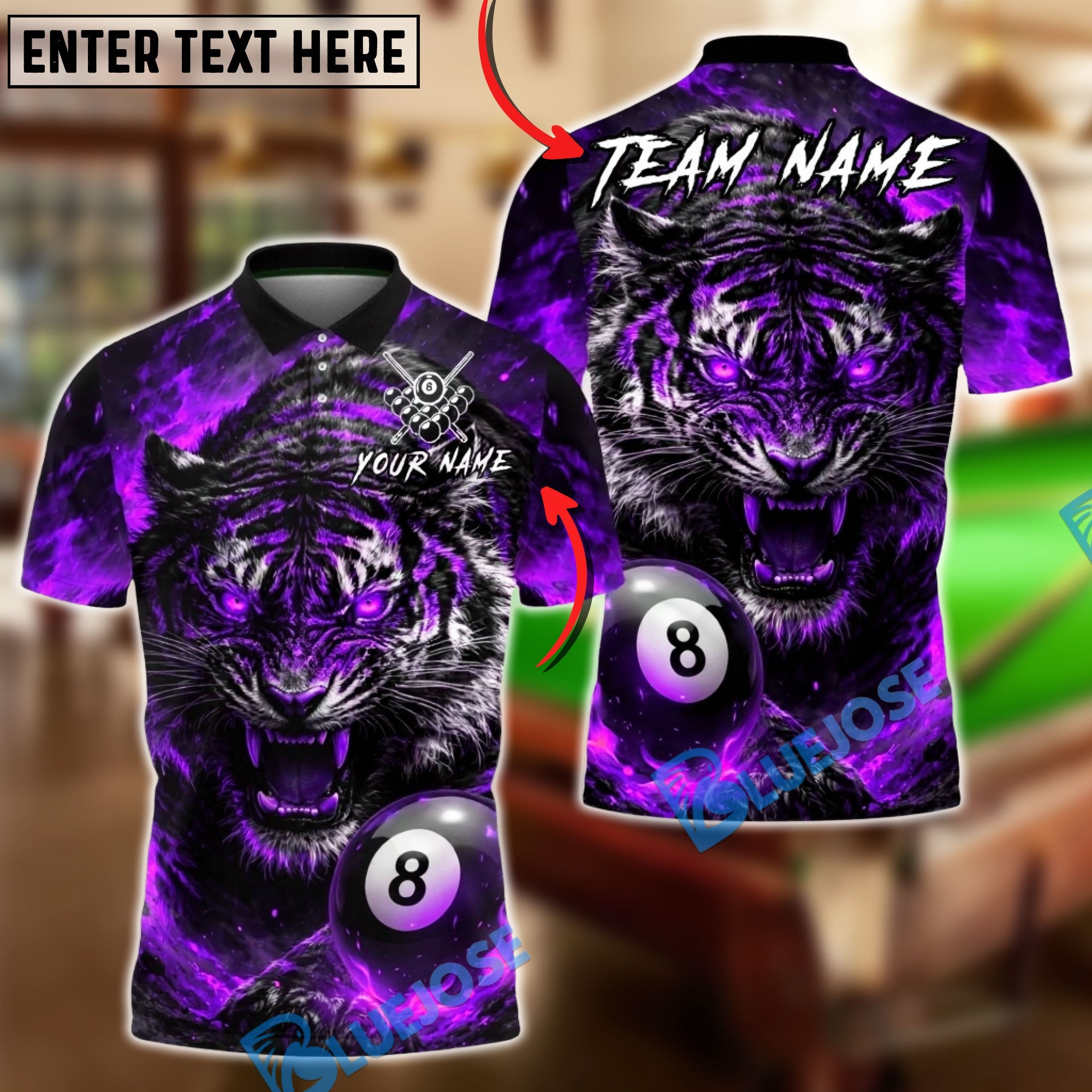 BlueJose Billiards 8 Angry Tiger Fire Energy Personalized Name Shirt (4 Colors)