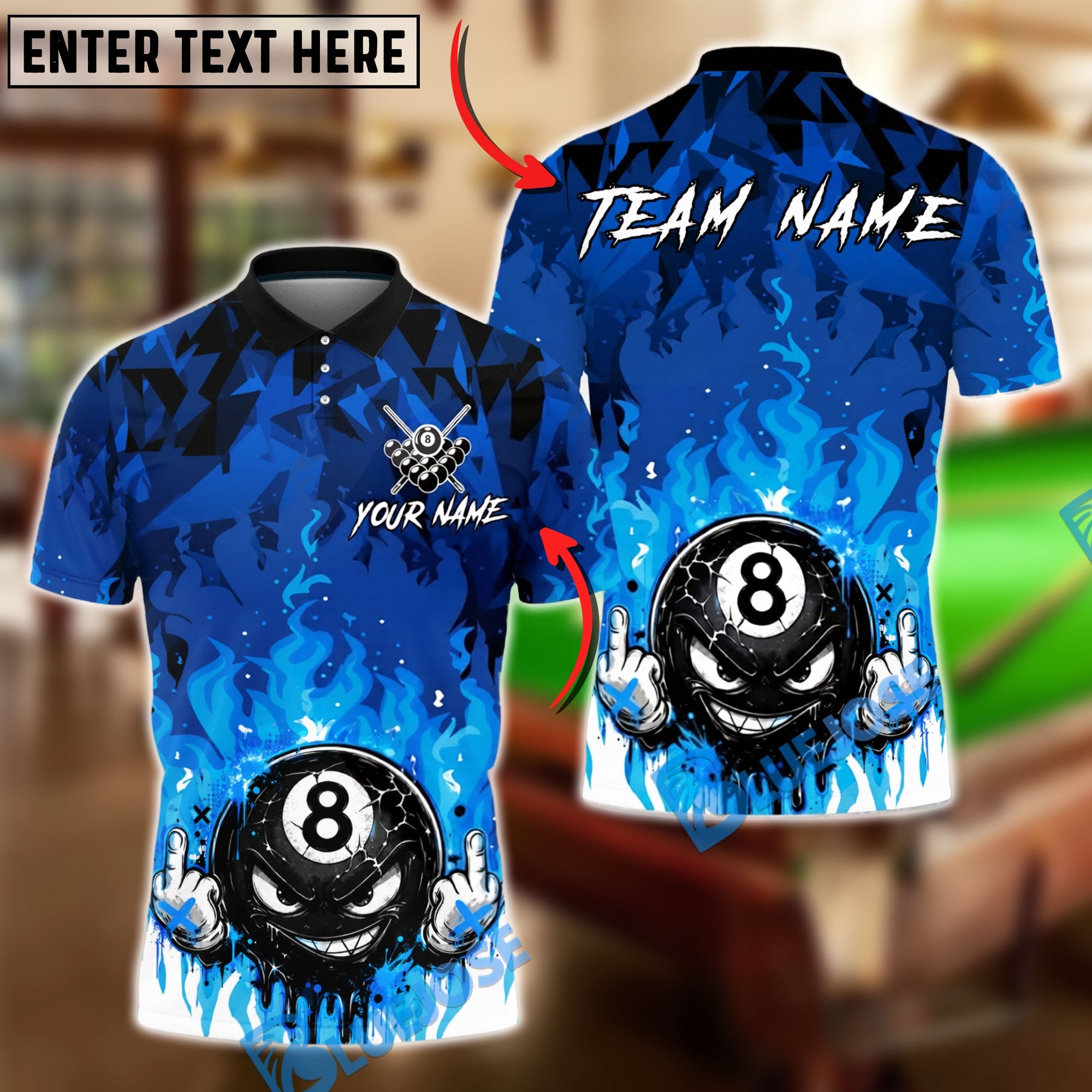 BlueJose Billiards Flame Angry 8 Ball Personalized Name Shirt (4 Colors)