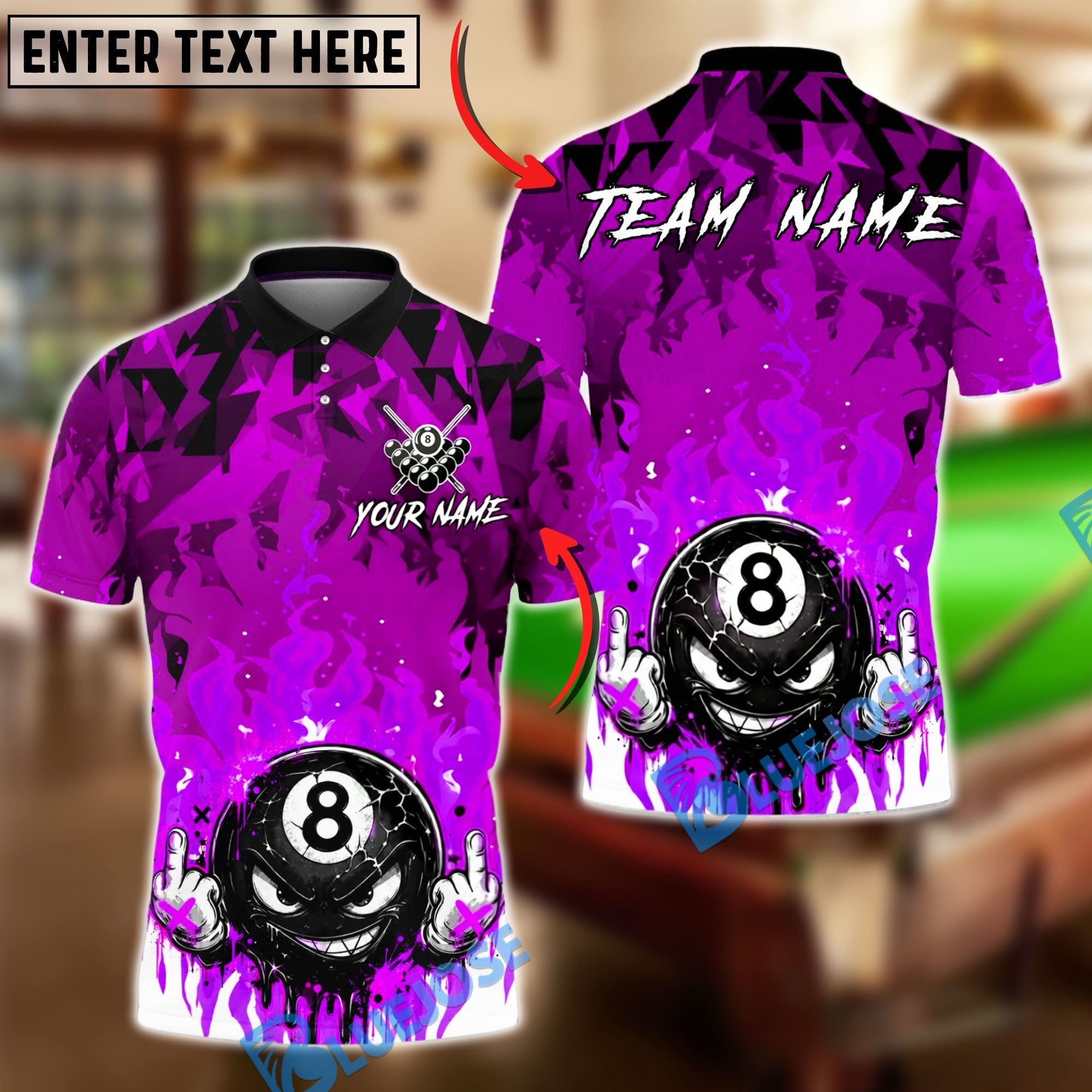 BlueJose Billiards Flame Angry 8 Ball Personalized Name Shirt (4 Colors)