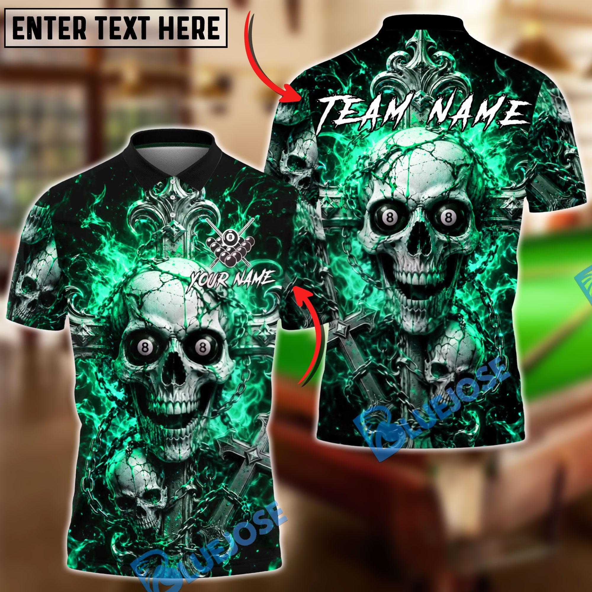 BlueJose Billiards Gothic Cross Skull Flame 8 Ball Personalized Name Shirt (4 Colors)