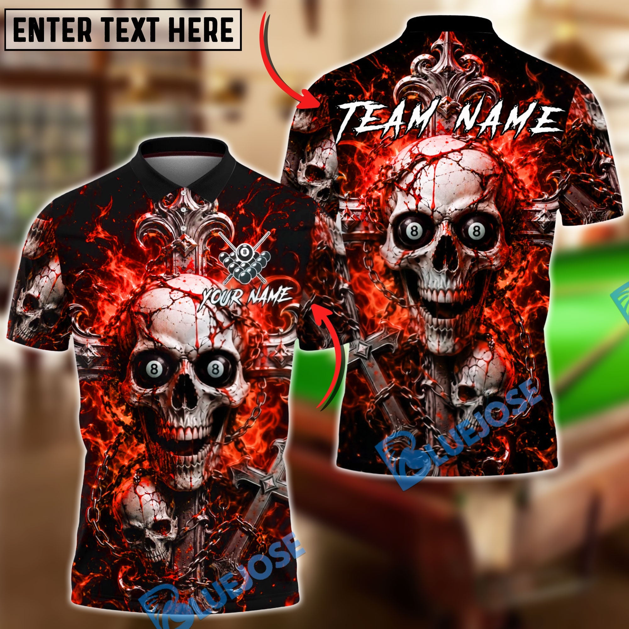 BlueJose Billiards Gothic Cross Skull Flame 8 Ball Personalized Name Shirt (4 Colors)