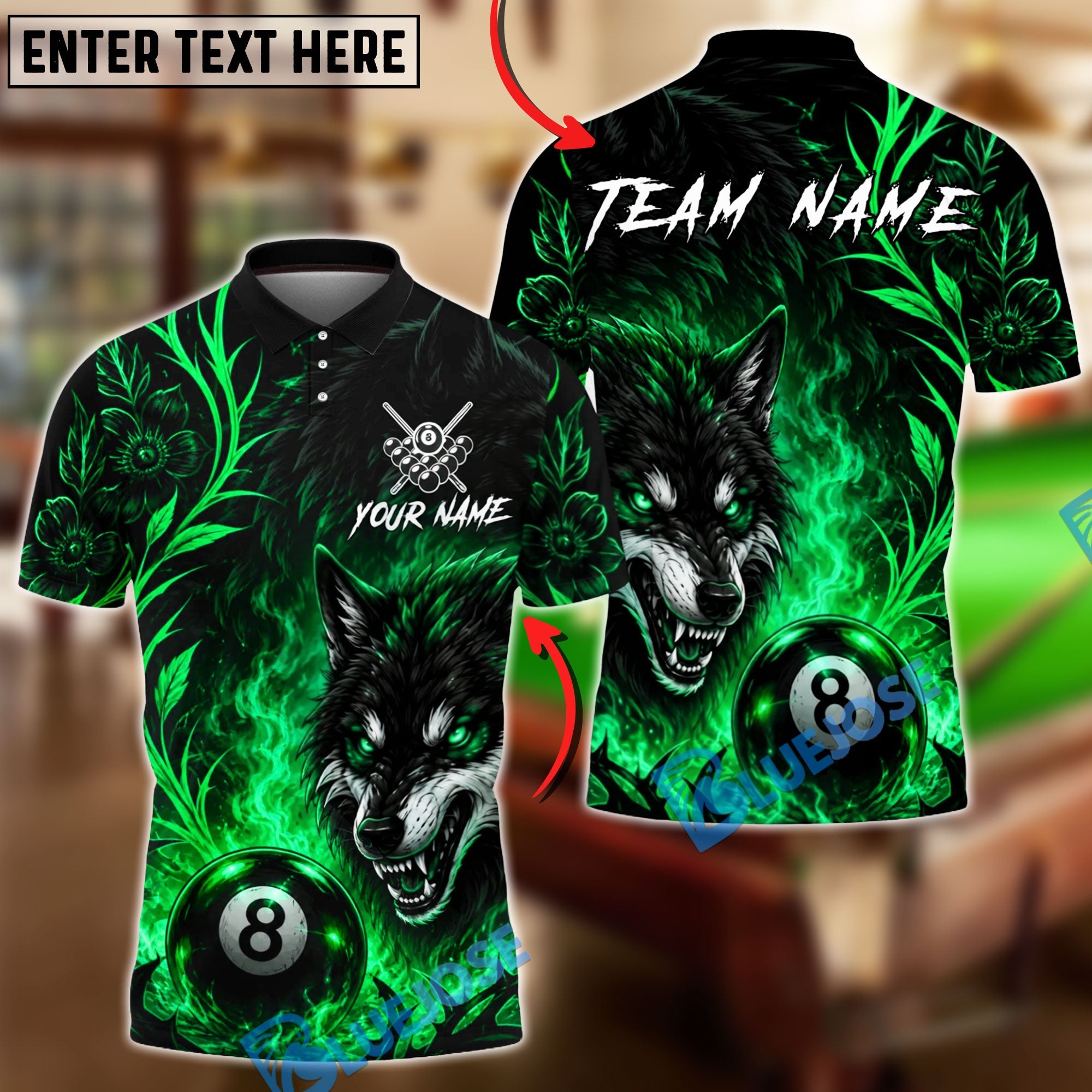 BlueJose Billiards 8 Ball Flame Flower Wolf Personalized Name Shirt (4 Colors)