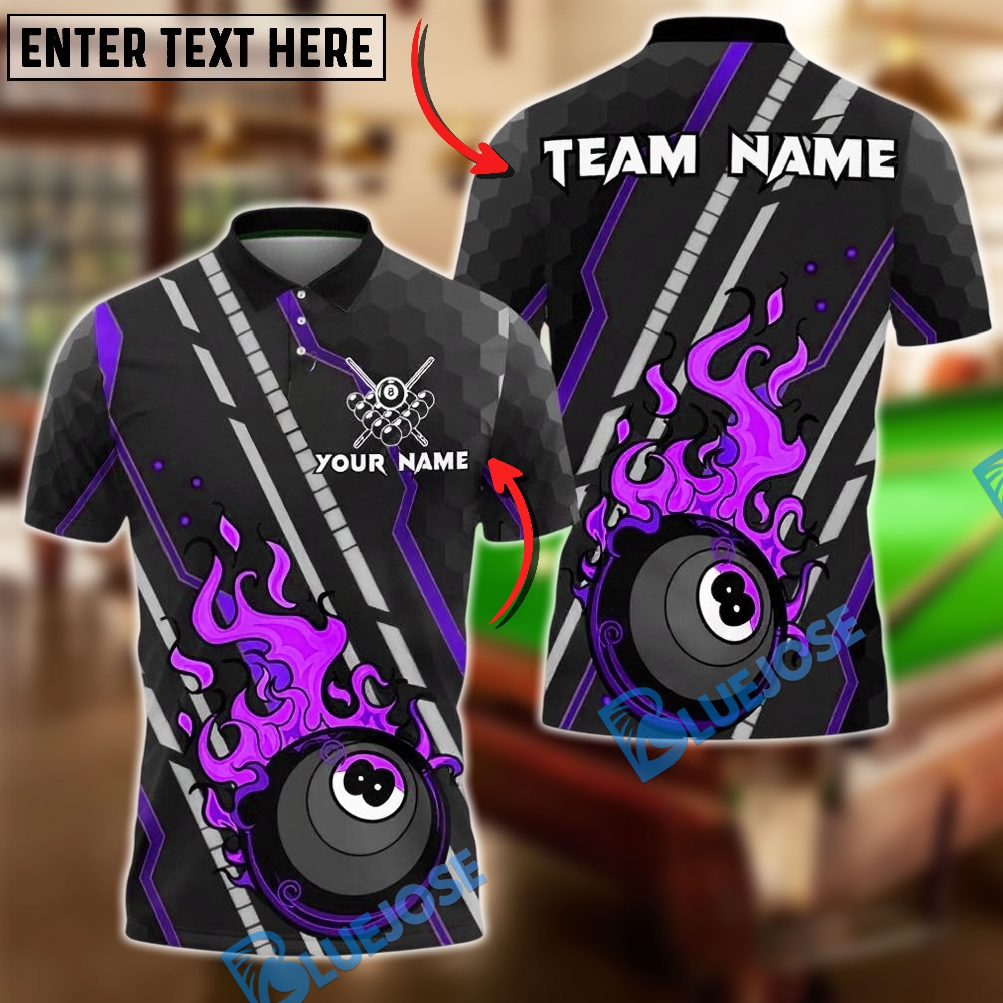 BlueJose Billiards Ball 8 Flaming Trail Personalized Name, Team Name Unisex Shirt (4 Colors)