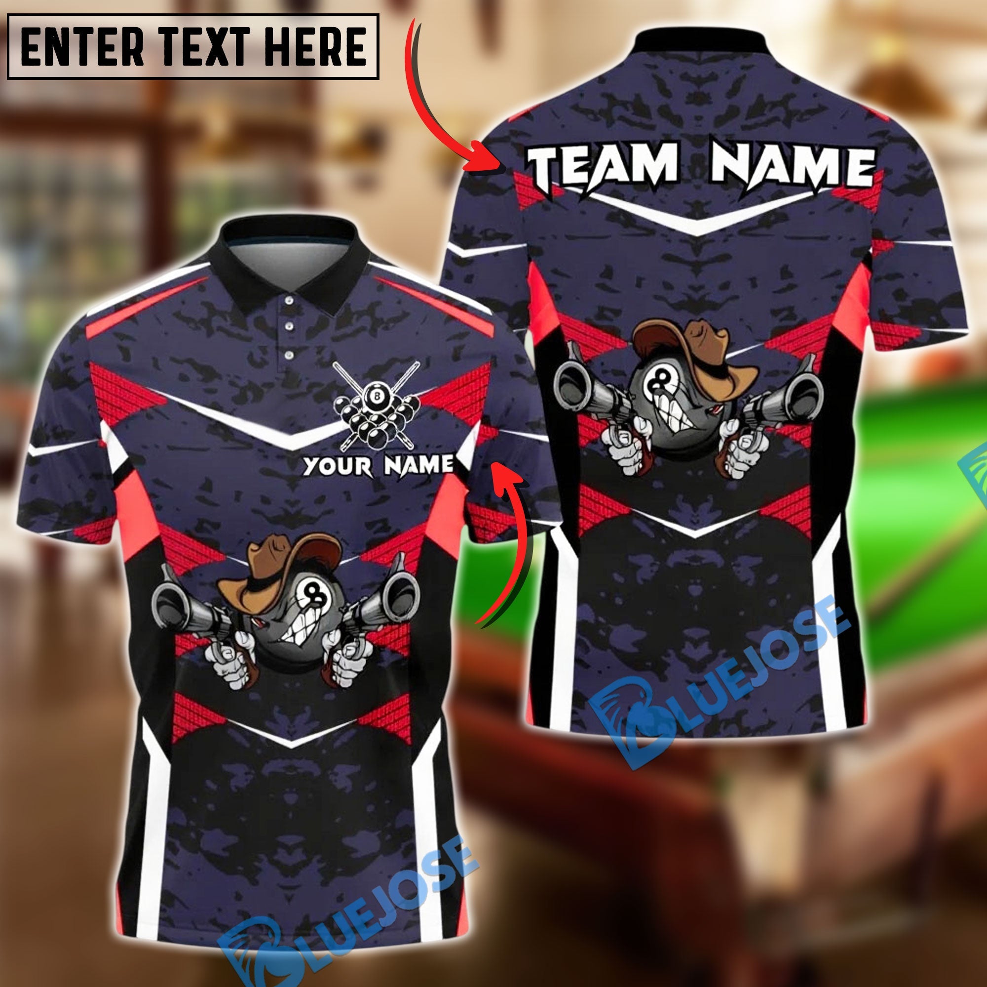 BlueJose Billiards Ball 8 Cowboy Gunslinger Personalized Name, Team Name Unisex Shirt (4 Colors)