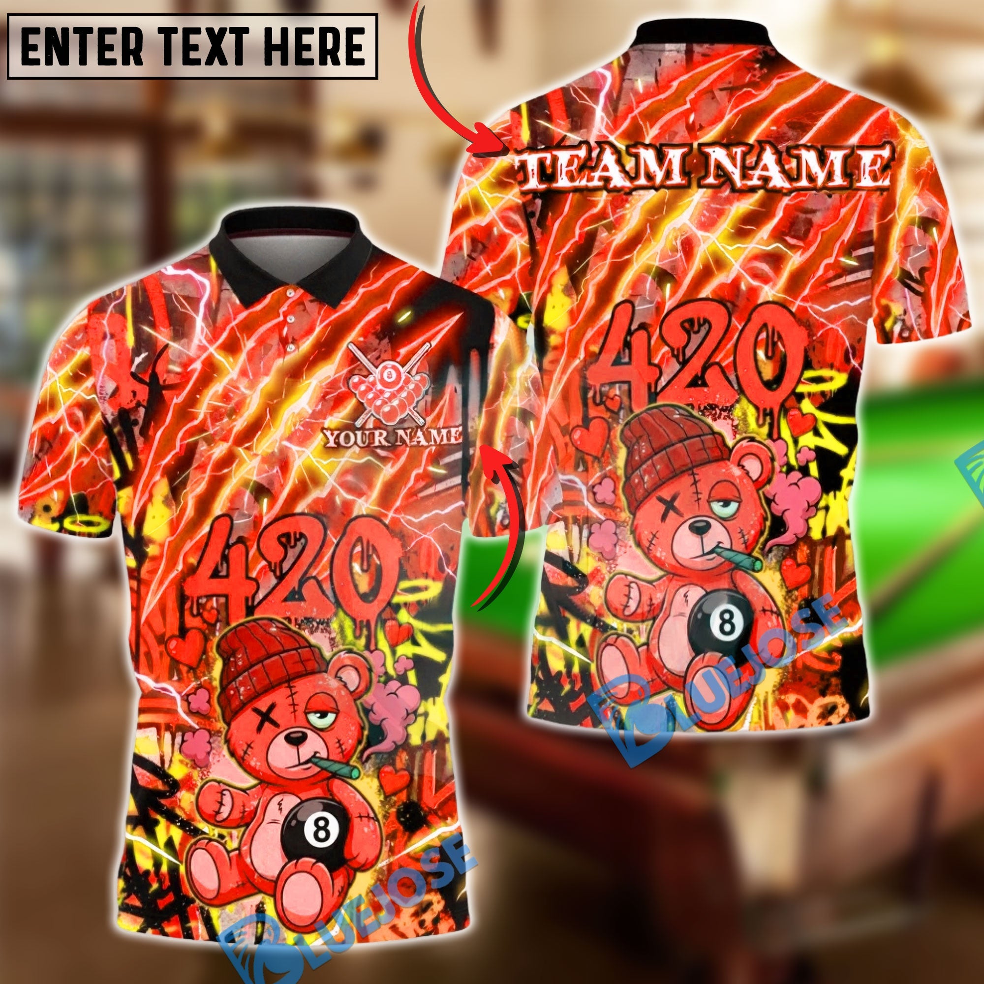 BlueJose Billiards Ball 8 420 Bear Electric Design Customized Name, Team Name 3D Shirt (4 Colors)