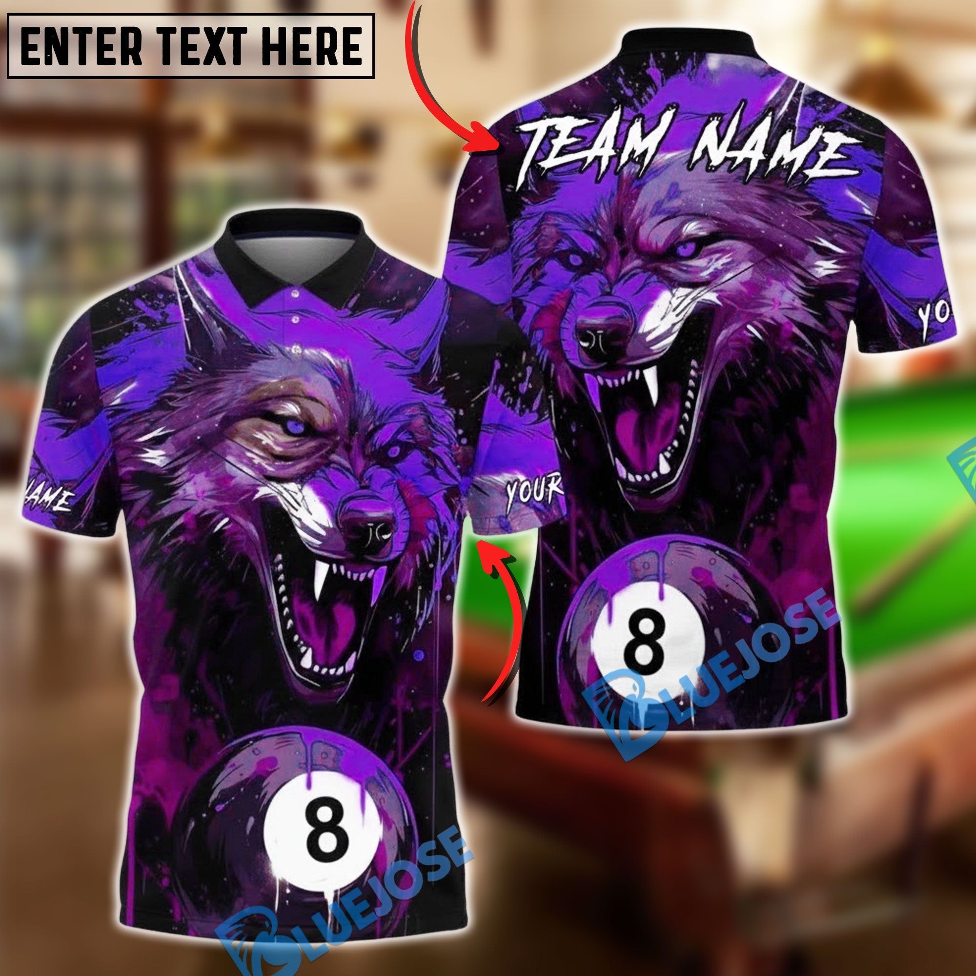BlueJose Billiards 8-Ball Blood Wolf Design Personalized Name, Team Name Unisex Shirt (4 Colors)