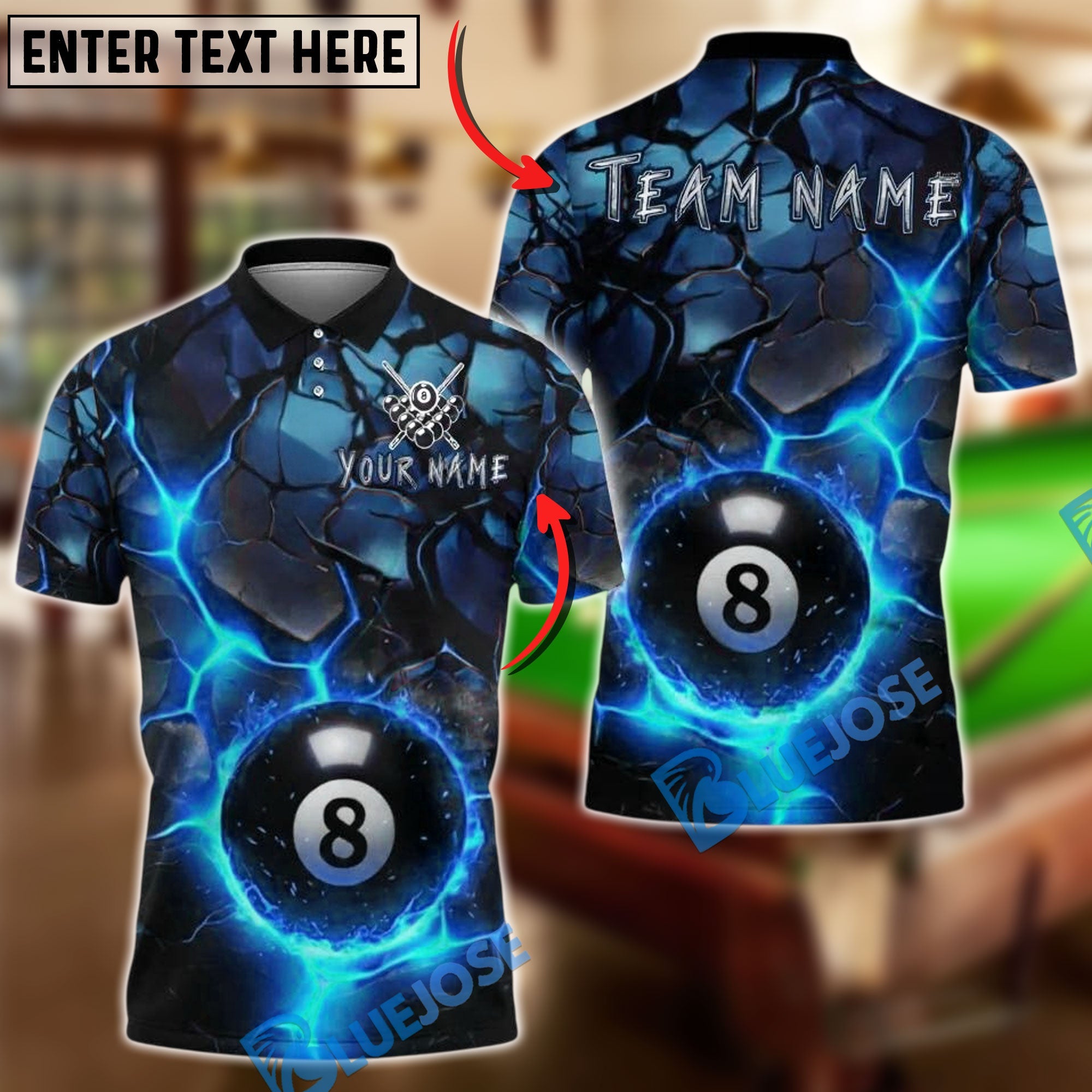 BlueJose Billiards 8 Ball Lava Cracked Fire Personalized Name, Team Name Unisex Shirt (4 Colors)