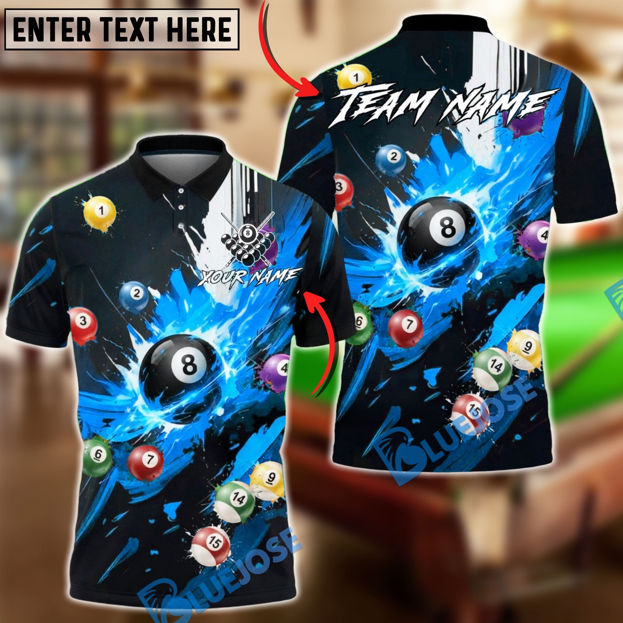 BlueJose Billiards 8-Ball Explosive Fire Effect Personalized Name, Team Name Unisex Shirt (6 Colors)