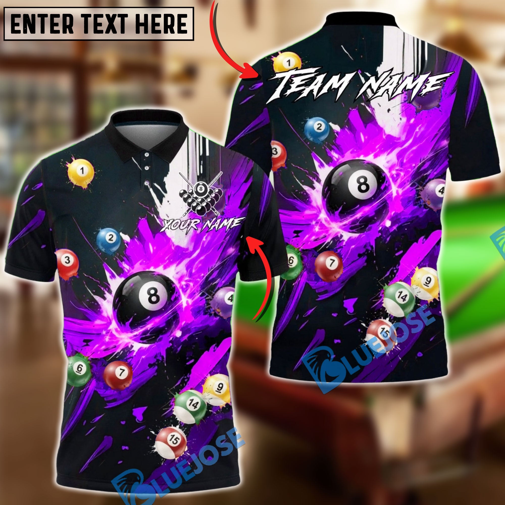 BlueJose Billiards 8-Ball Explosive Fire Effect Personalized Name, Team Name Unisex Shirt (6 Colors)