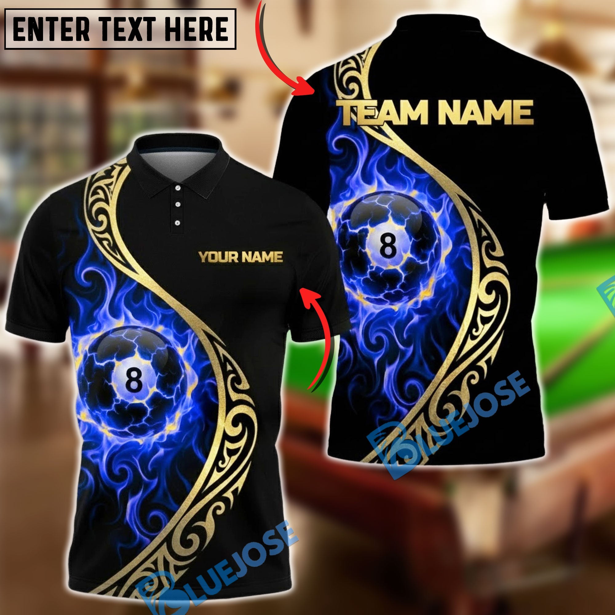 BlueJose Billiards 8 Ball Golden Tribal Fire Personalized Name, Team Name Unisex Shirt (4 Colors)