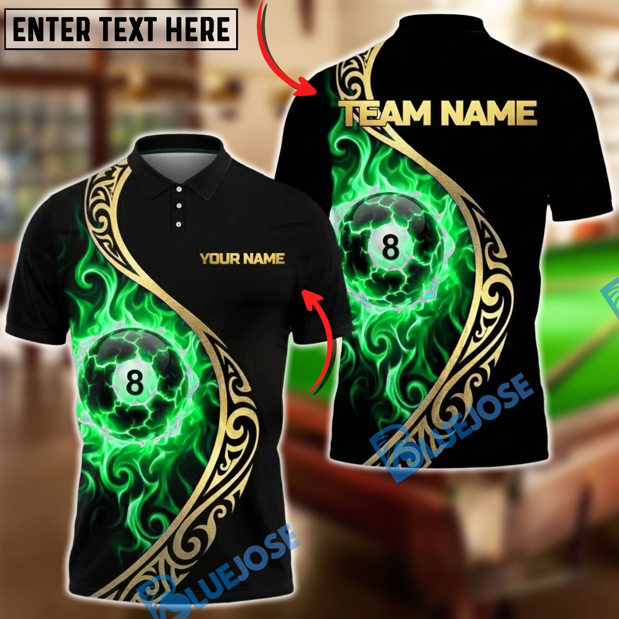 BlueJose Billiards 8 Ball Golden Tribal Fire Personalized Name, Team Name Unisex Shirt (4 Colors)