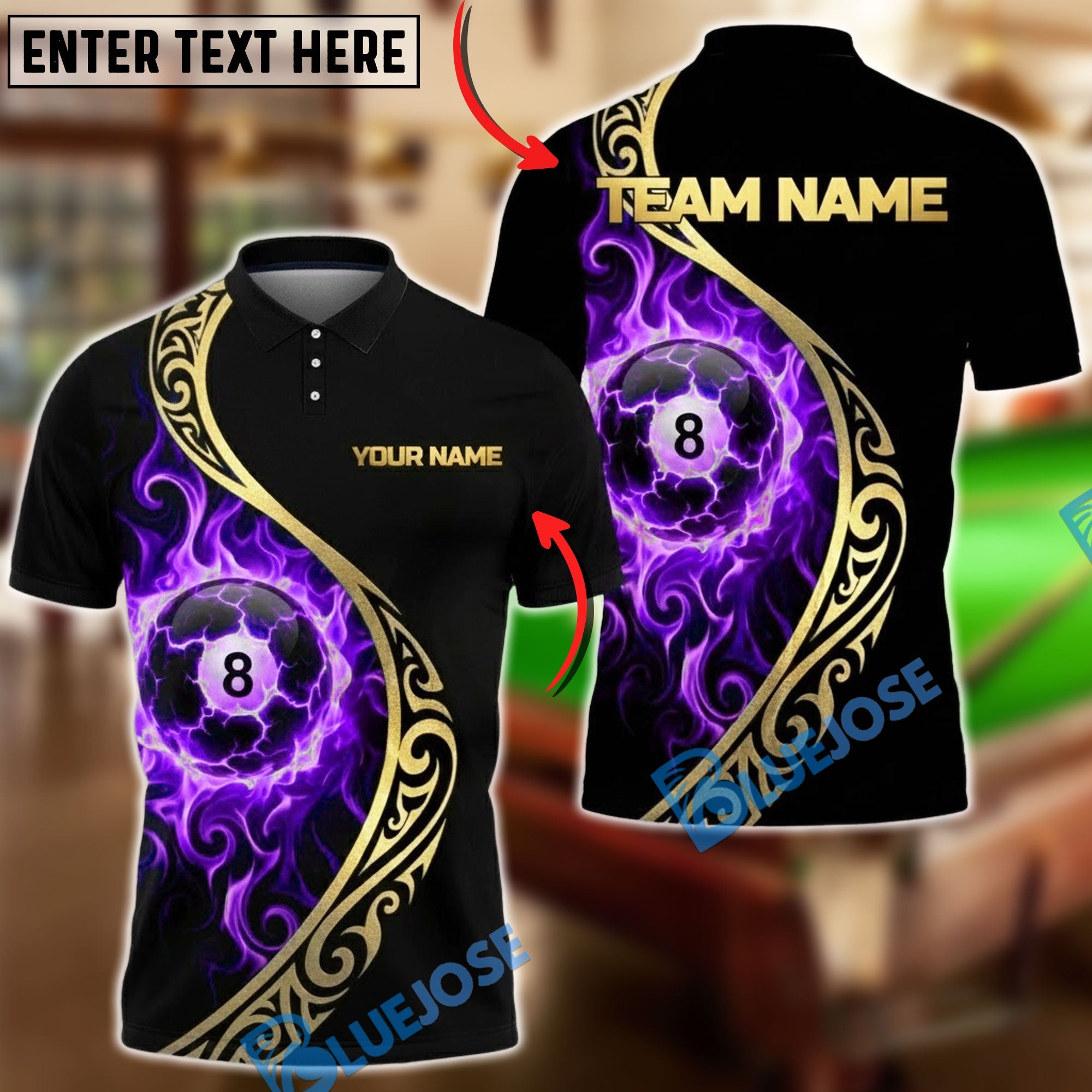 BlueJose Billiards 8 Ball Golden Tribal Fire Personalized Name, Team Name Unisex Shirt (4 Colors)