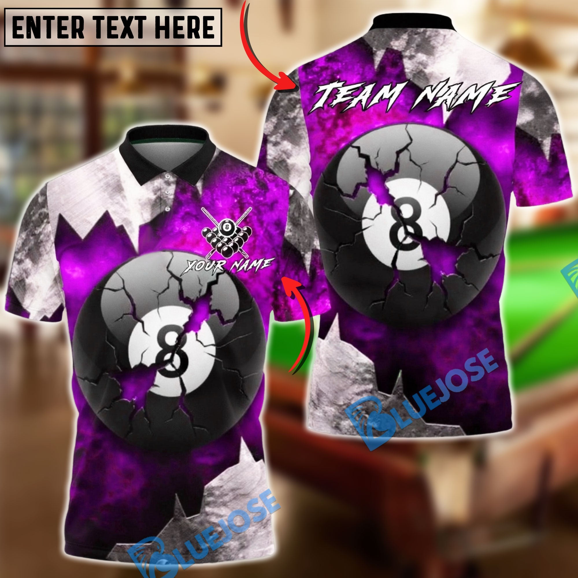 BlueJose Billiards Cracked 8 Ball Grunge Personalized Name, Team Name Unisex Shirt (4 Colors)