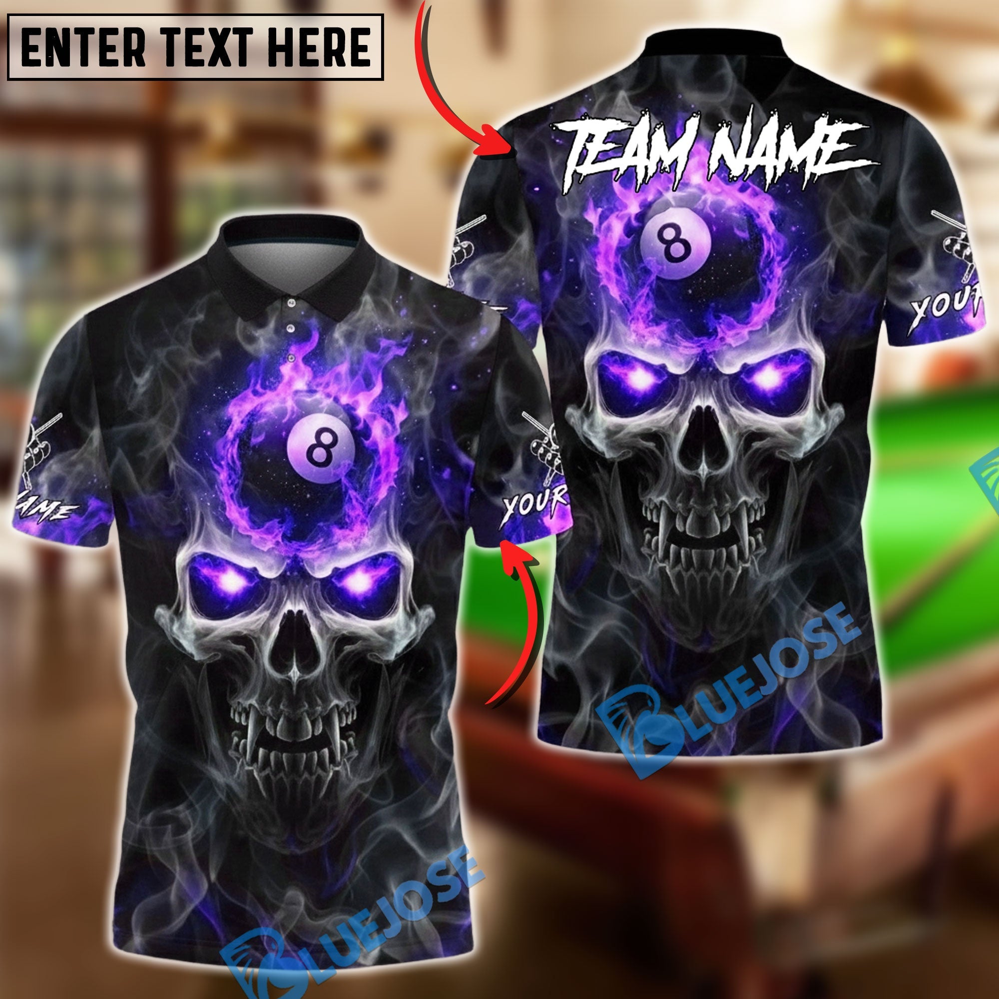 BlueJose Billiards Smoke Fire Skull 8 Ball Design Personalized Name, Team Name Unisex Shirt (4 Colors)