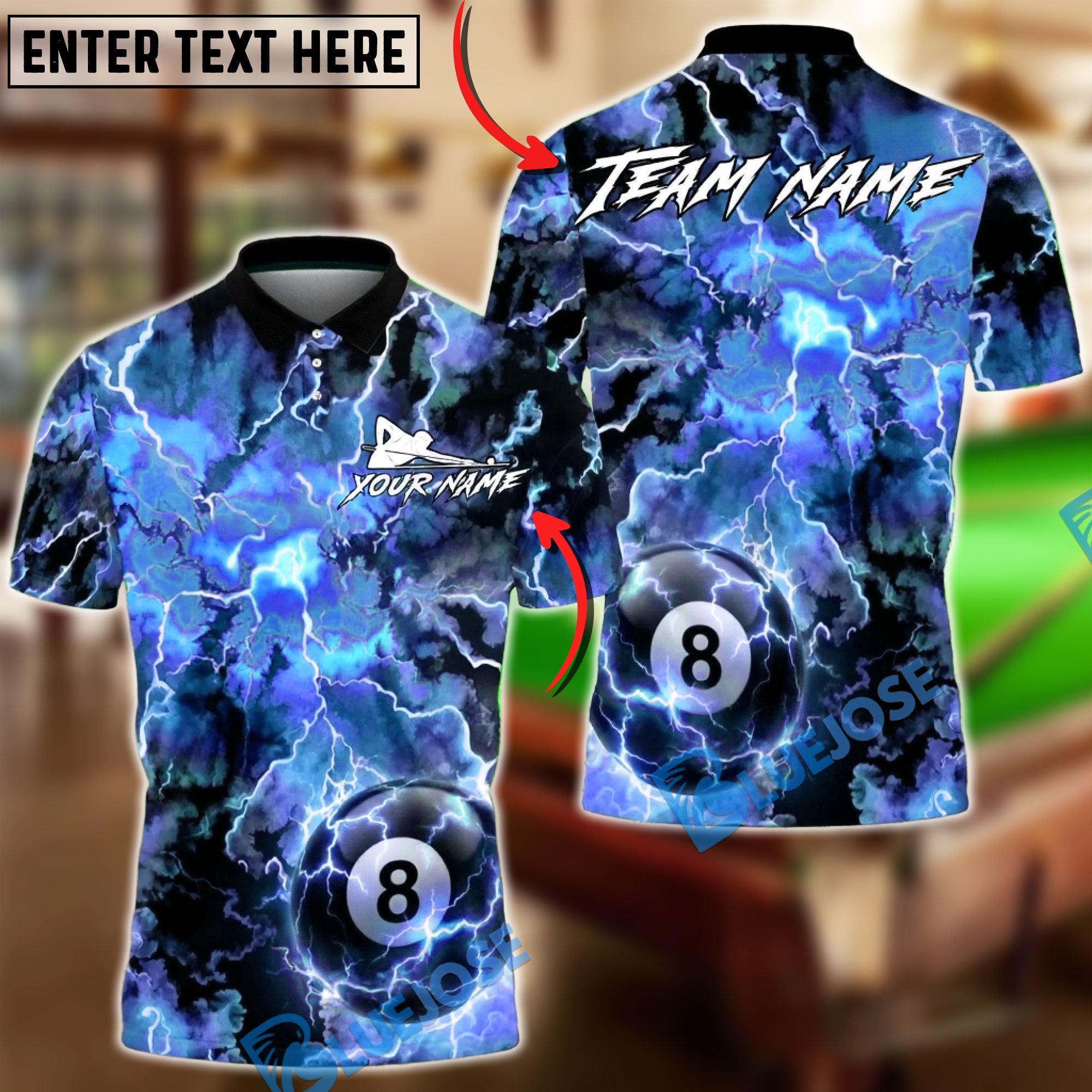 BlueJose Billiards 8-Ball Lightning Storm Personalized Name, Team Name Unisex Shirt (6 Colors)