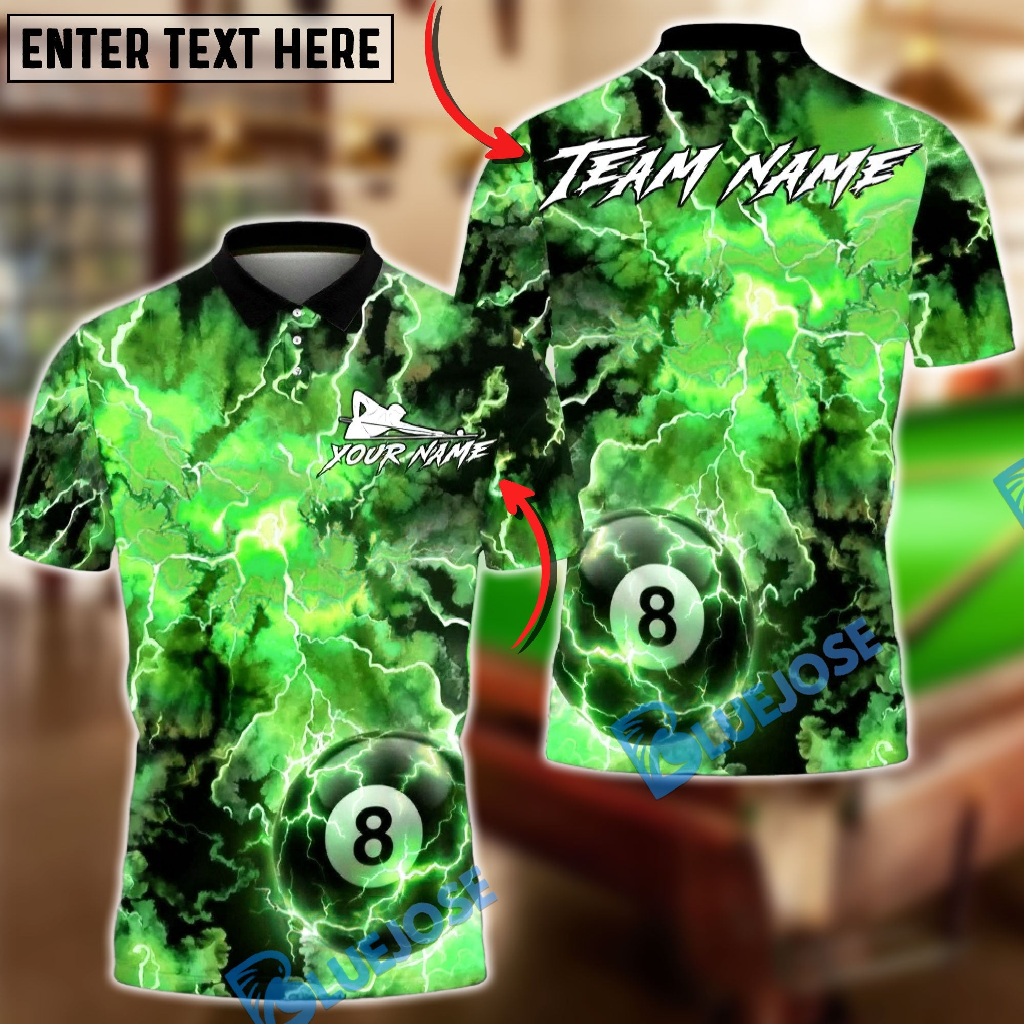 BlueJose Billiards 8-Ball Lightning Storm Personalized Name, Team Name Unisex Shirt (6 Colors)