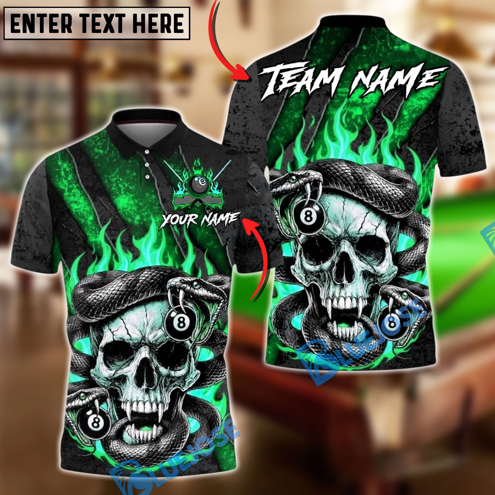BlueJose Billiards 8 Ball Skull Snake Flame Gothic Fire Personalized Name, Team Name Unisex Shirt (4 Colors)