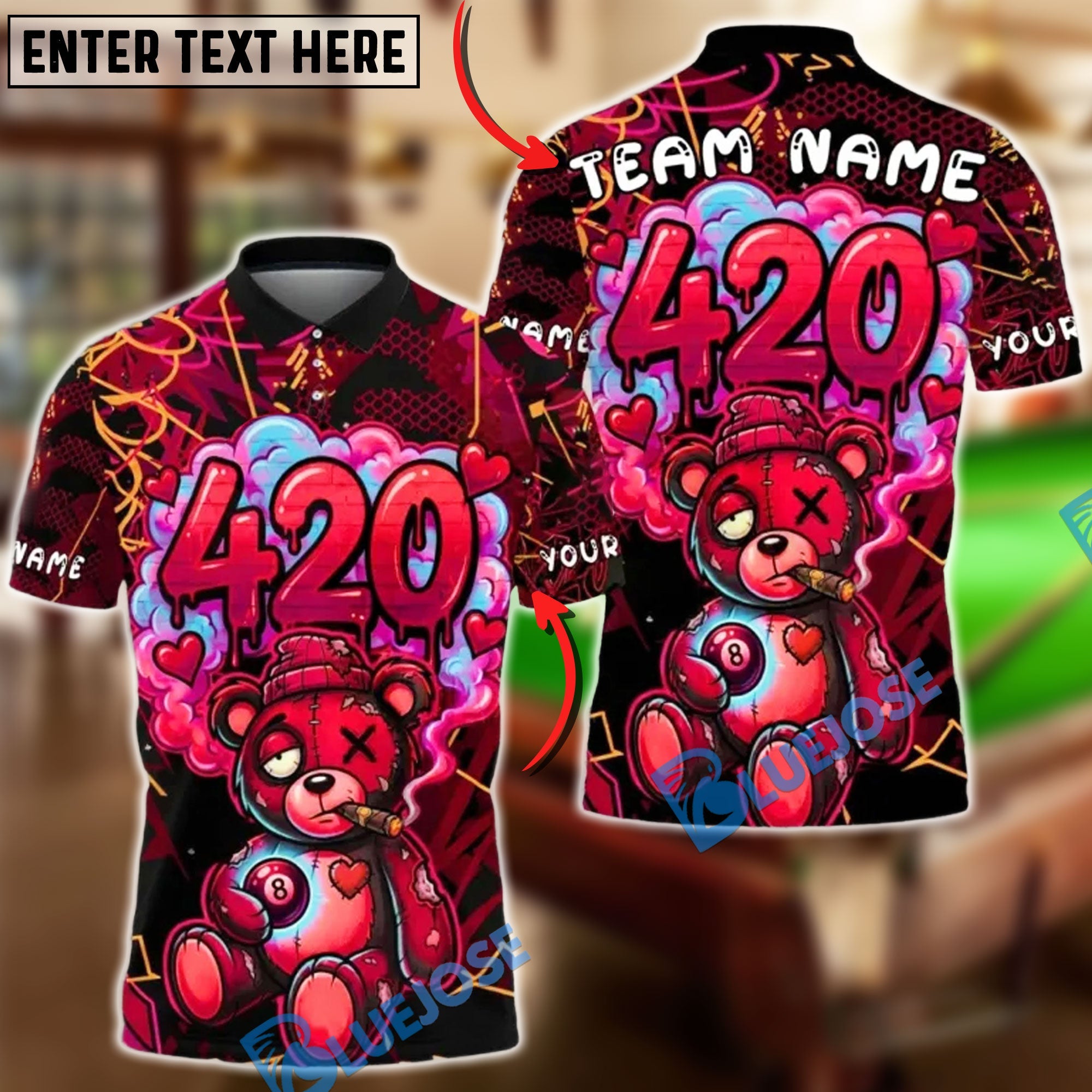 BlueJose Billiards Ball 8 420 Bear Graffiti Lightning Customized Name, Team Name 3D Shirt (4 Colors)