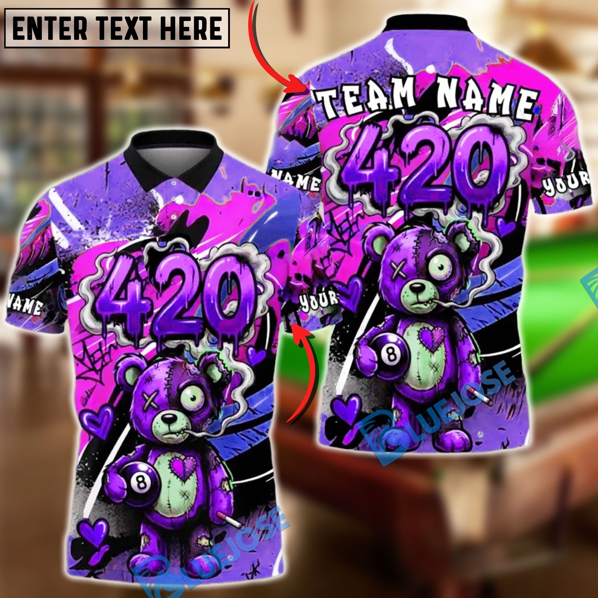 BlueJose Billiards Ball 8 420 Bear Paint Splash Customized Name, Team Name 3D Shirt (4 Colors)