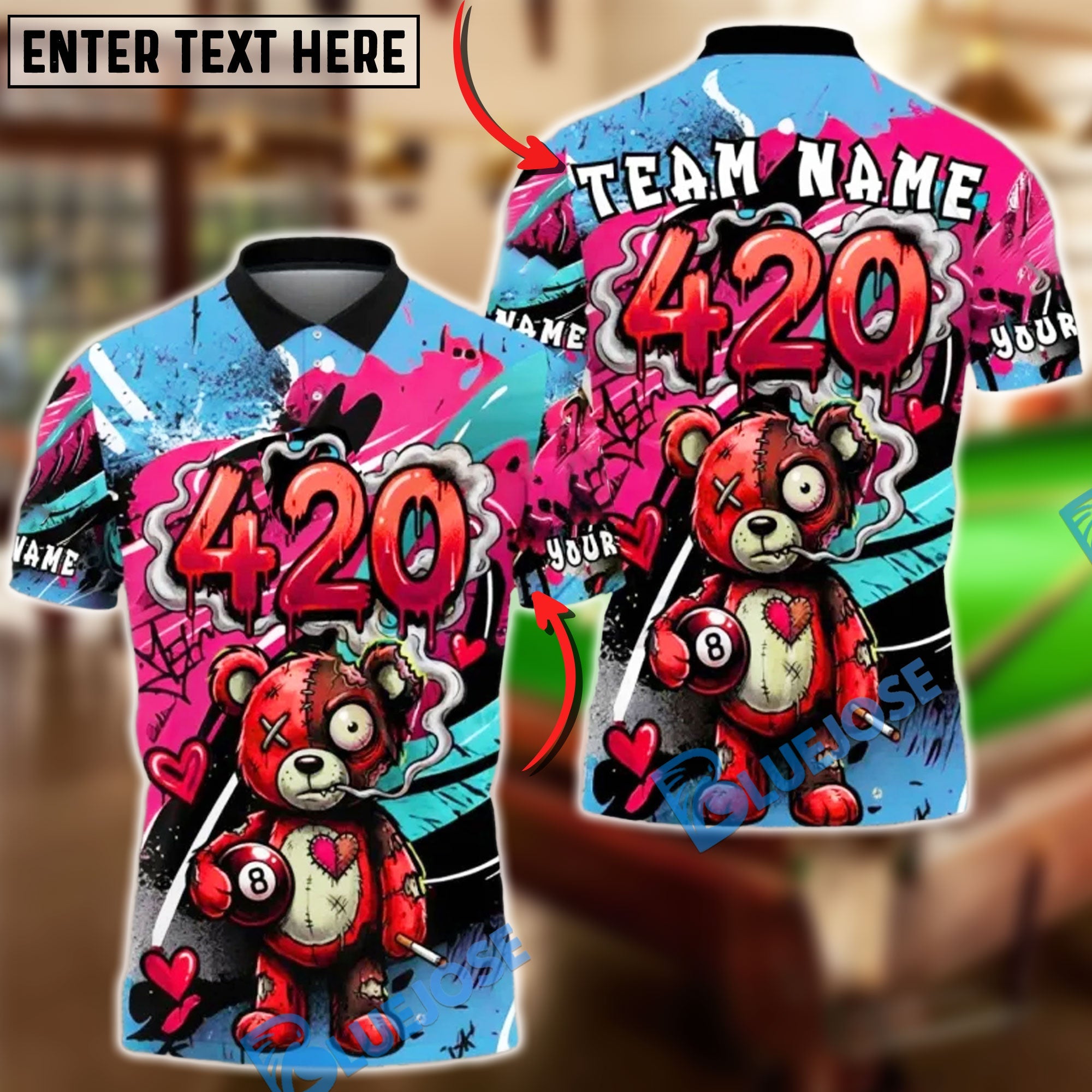 BlueJose Billiards Ball 8 420 Bear Paint Splash Customized Name, Team Name 3D Shirt (4 Colors)
