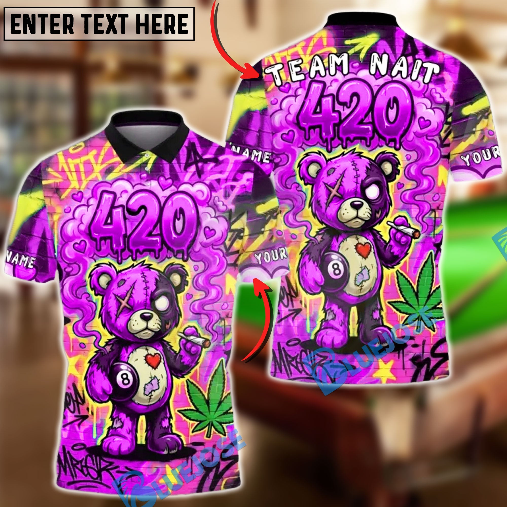 BlueJose Billiards 8-Ball 420 Bear Neon Graffiti Street Art Personalized Name, Team Name Unisex Shirt (4 Colors)