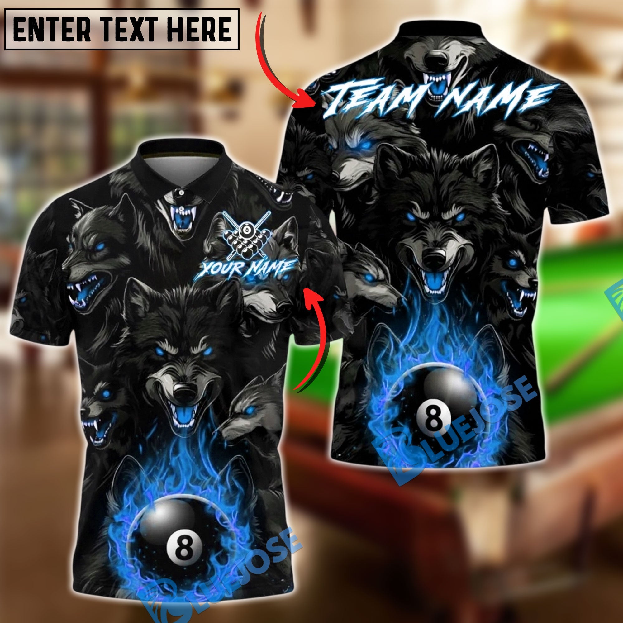 BlueJose Billiards 8 Ball Dark Wolf Pack Flame Personalized Name, Team Name Unisex Shirt (4 Colors)