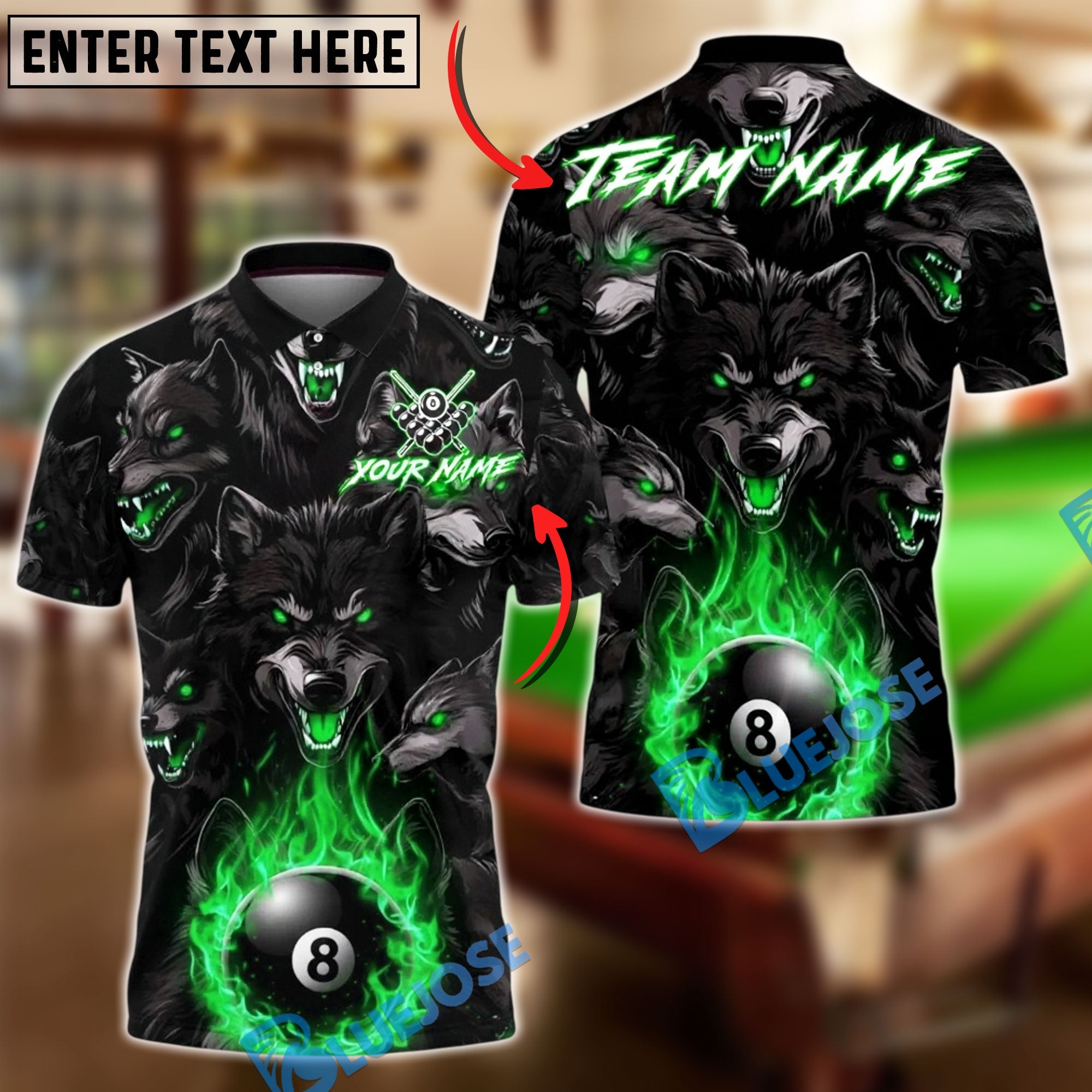BlueJose Billiards 8 Ball Dark Wolf Pack Flame Personalized Name, Team Name Unisex Shirt (4 Colors)
