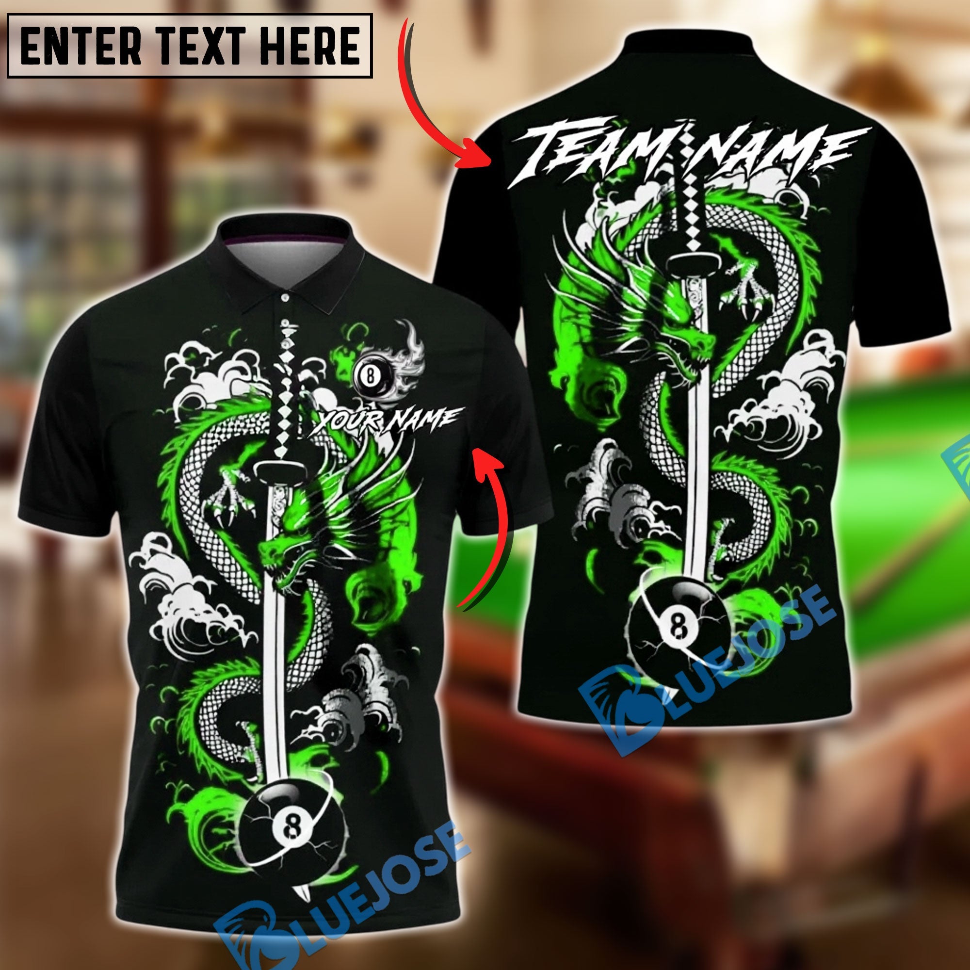 BlueJose Billiards 8 Ball Dragon Sword Personalized Name, Team Name Unisex Shirt (4 Colors)