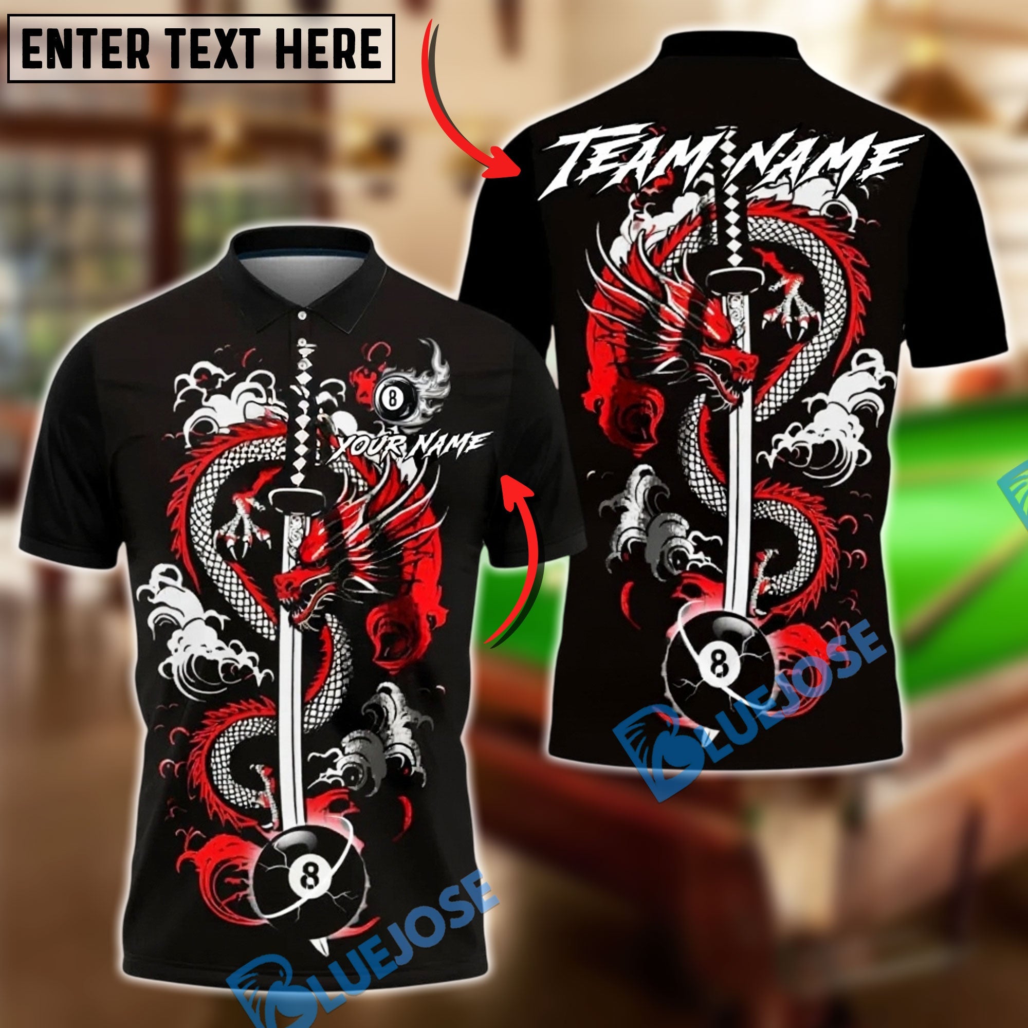 BlueJose Billiards 8 Ball Dragon Sword Personalized Name, Team Name Unisex Shirt (4 Colors)