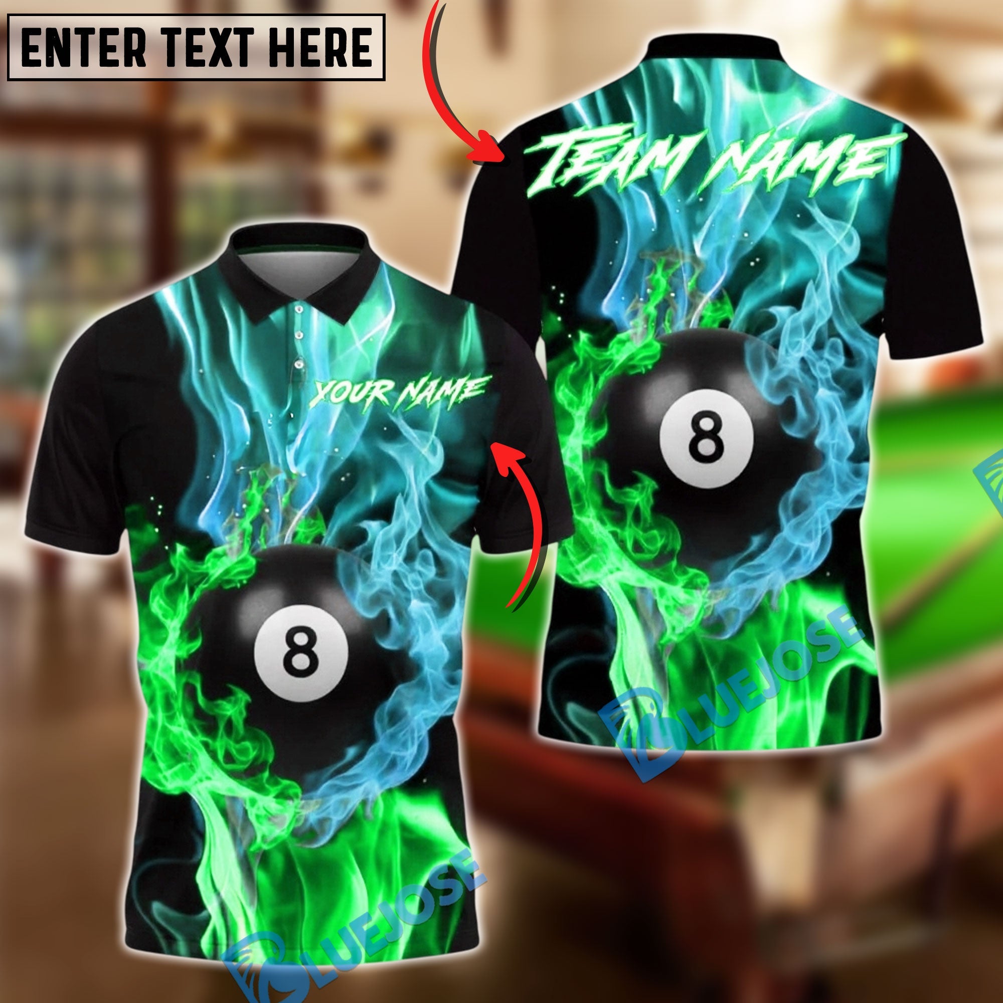 BlueJose Billiards 8 Ball Neon Smoke Fusion Personalized Name, Team Name Unisex Shirt (4 Colors)