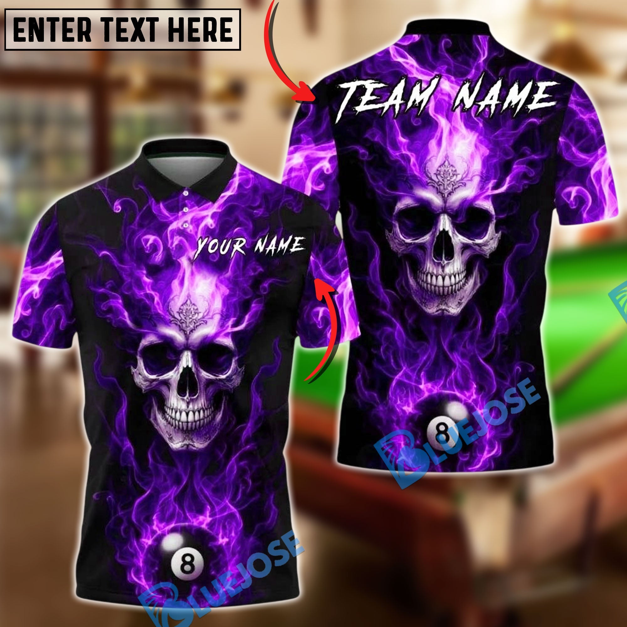 BlueJose Billiards 8 Ball Skull Fire Lord Personalized Name, Team Name Unisex Shirt (4 Colors)