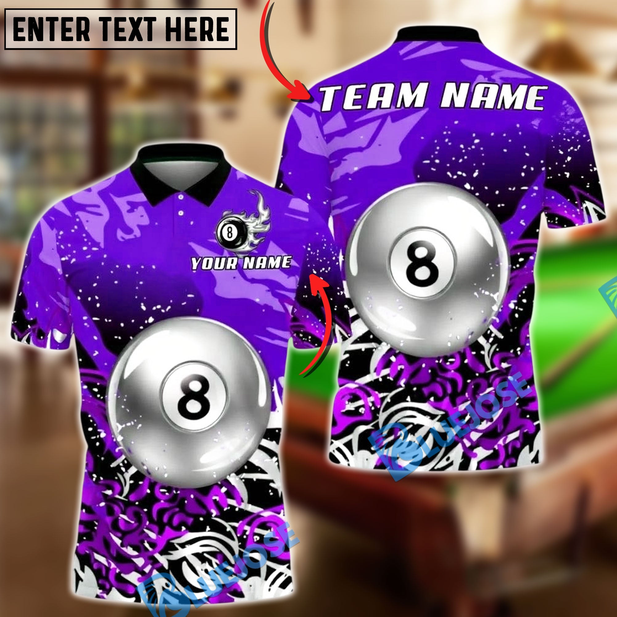 BlueJose Billiards 8 Ball Silver Splash Art Personalized Name, Team Name Unisex Shirt (4 Colors)