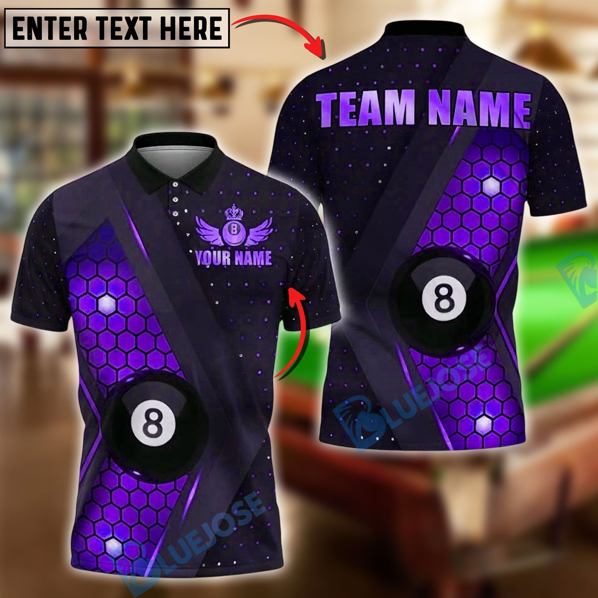 BlueJose Billiards 8 Ball Hex Pattern Personalized Name, Team Name Unisex Shirt (4 Colors)
