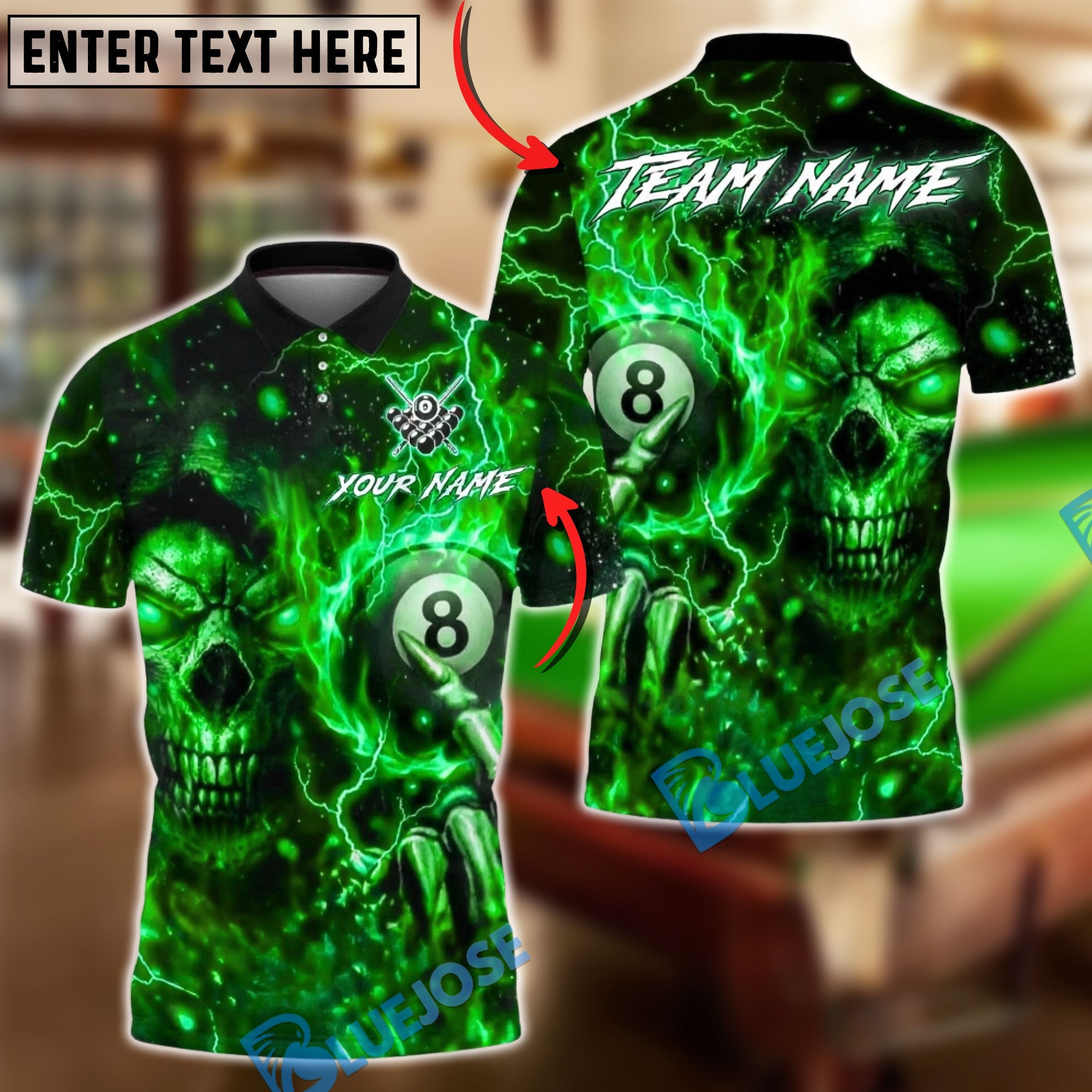 BlueJose Billiards 8-Ball Skull Lightning Customized Name, Team Name 3D Shirt (4 Colors)