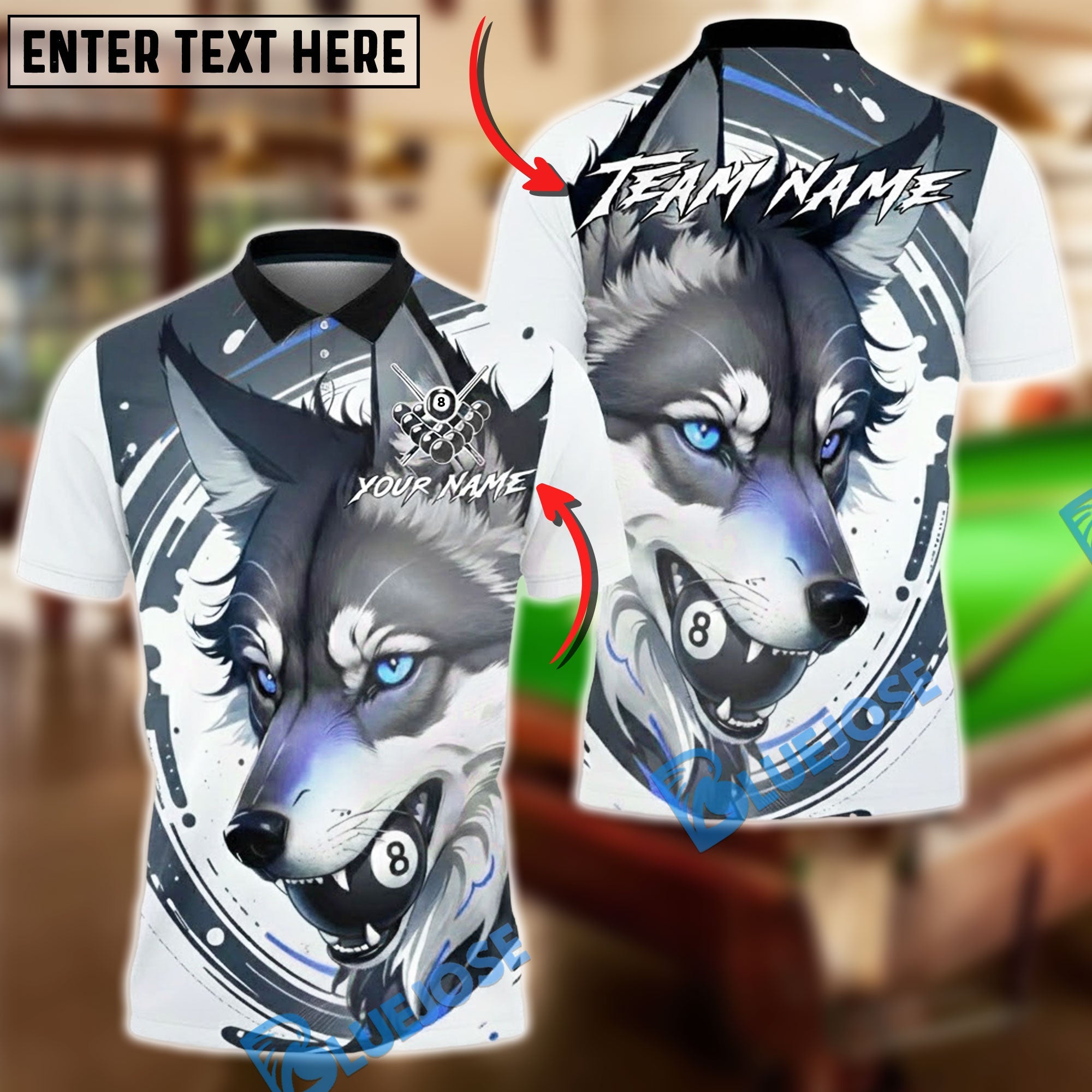 BlueJose Billiards 8-Ball Wolf Dynamic Design Customized Name, Team Name 3D Shirt (4 Colors)