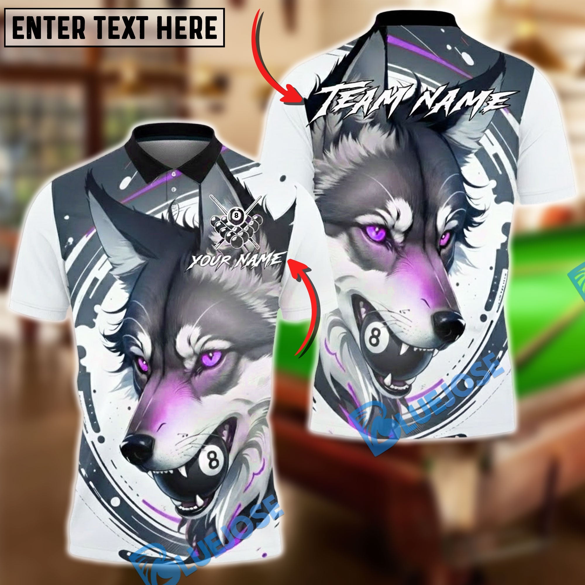 BlueJose Billiards 8-Ball Wolf Dynamic Design Customized Name, Team Name 3D Shirt (4 Colors)