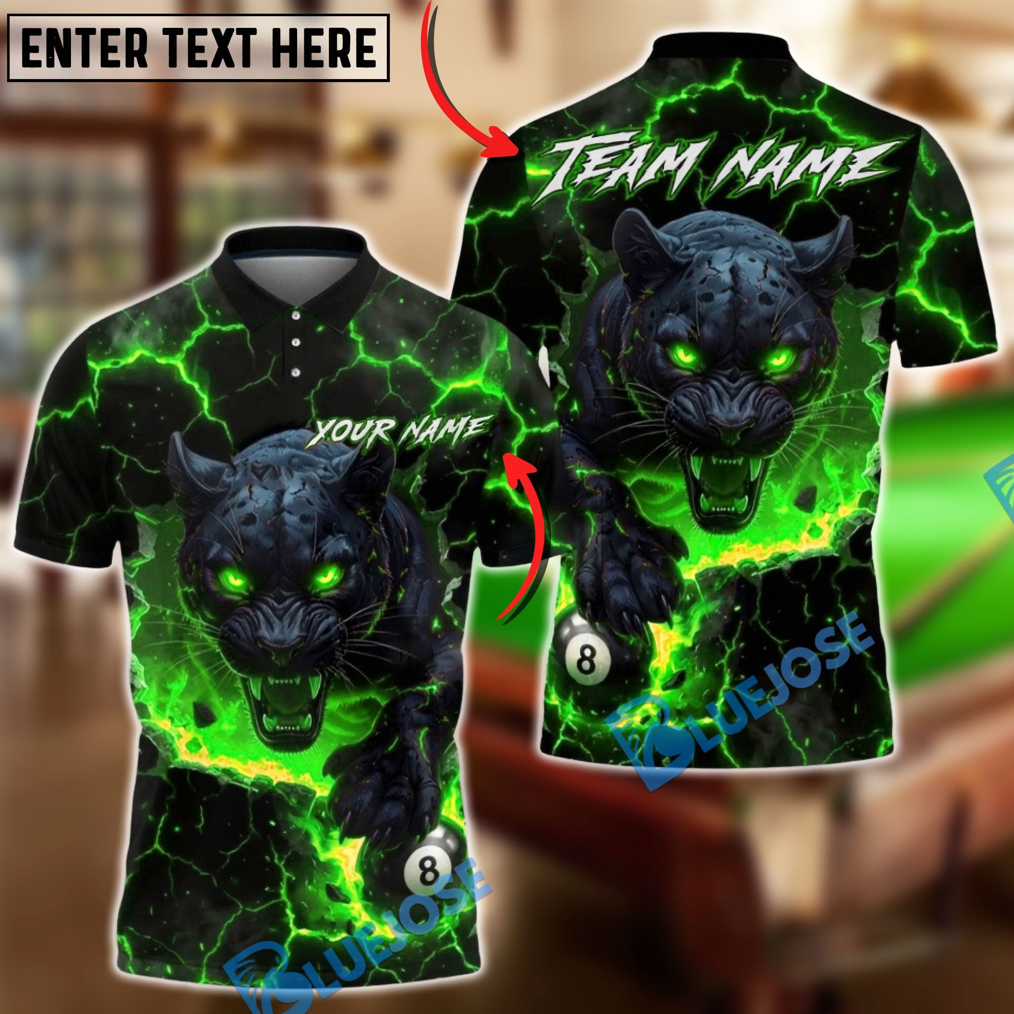 BlueJose Billiards 8-Ball Panther Fire Design Customized Name, Team Name 3D Shirt (4 Colors)